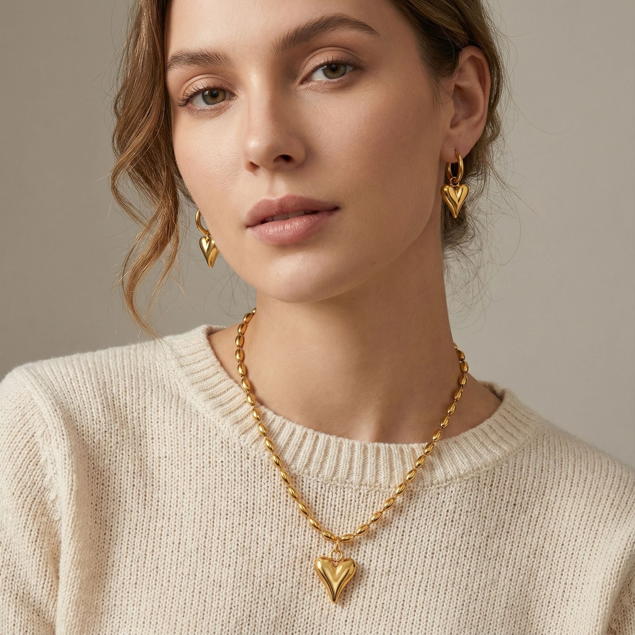 MYKI Heart Charm Beaded Premium Plated Necklace & Hoop Earrings (mkps13)