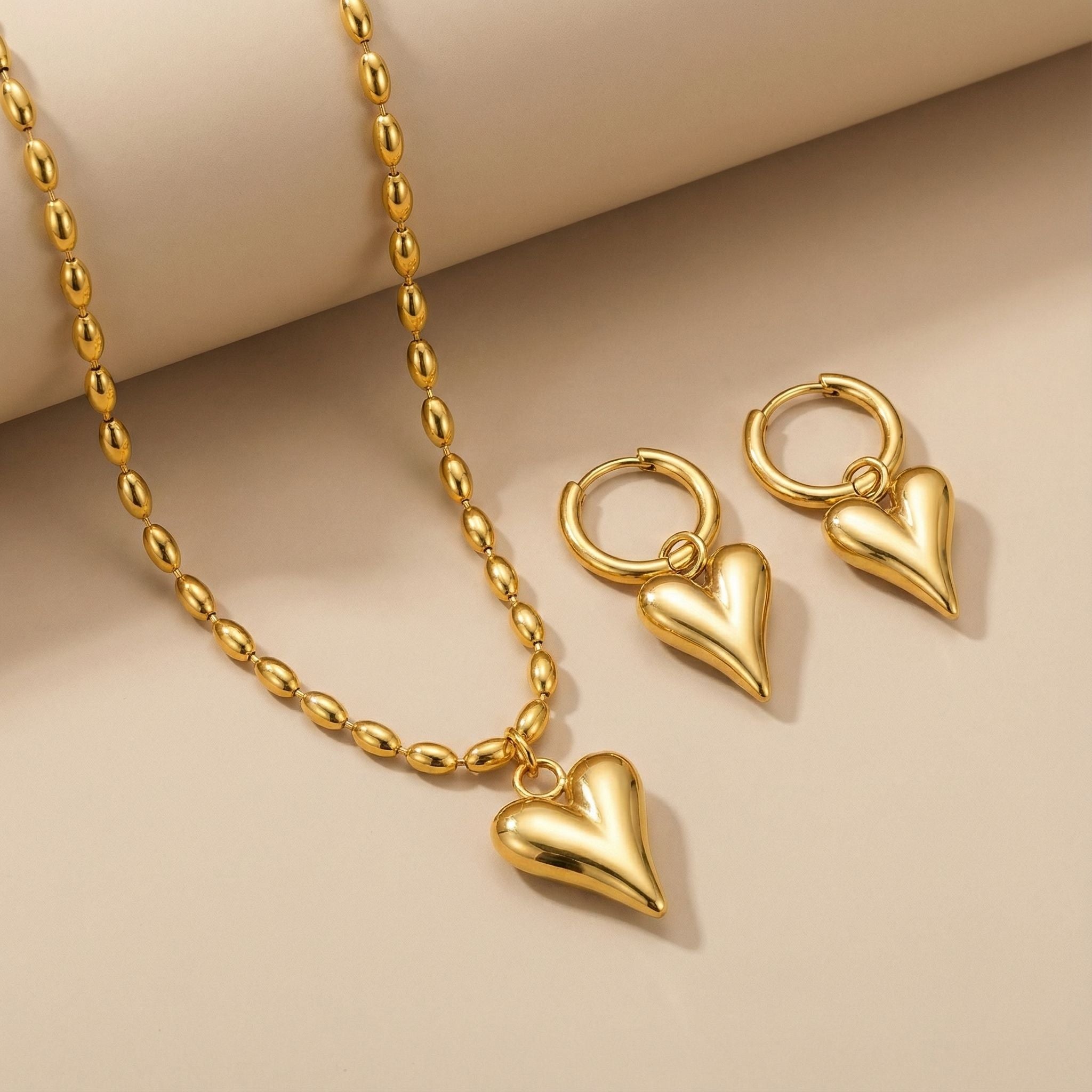 Heart Charm Beaded Premium Plated Necklace & Hoop Earrings