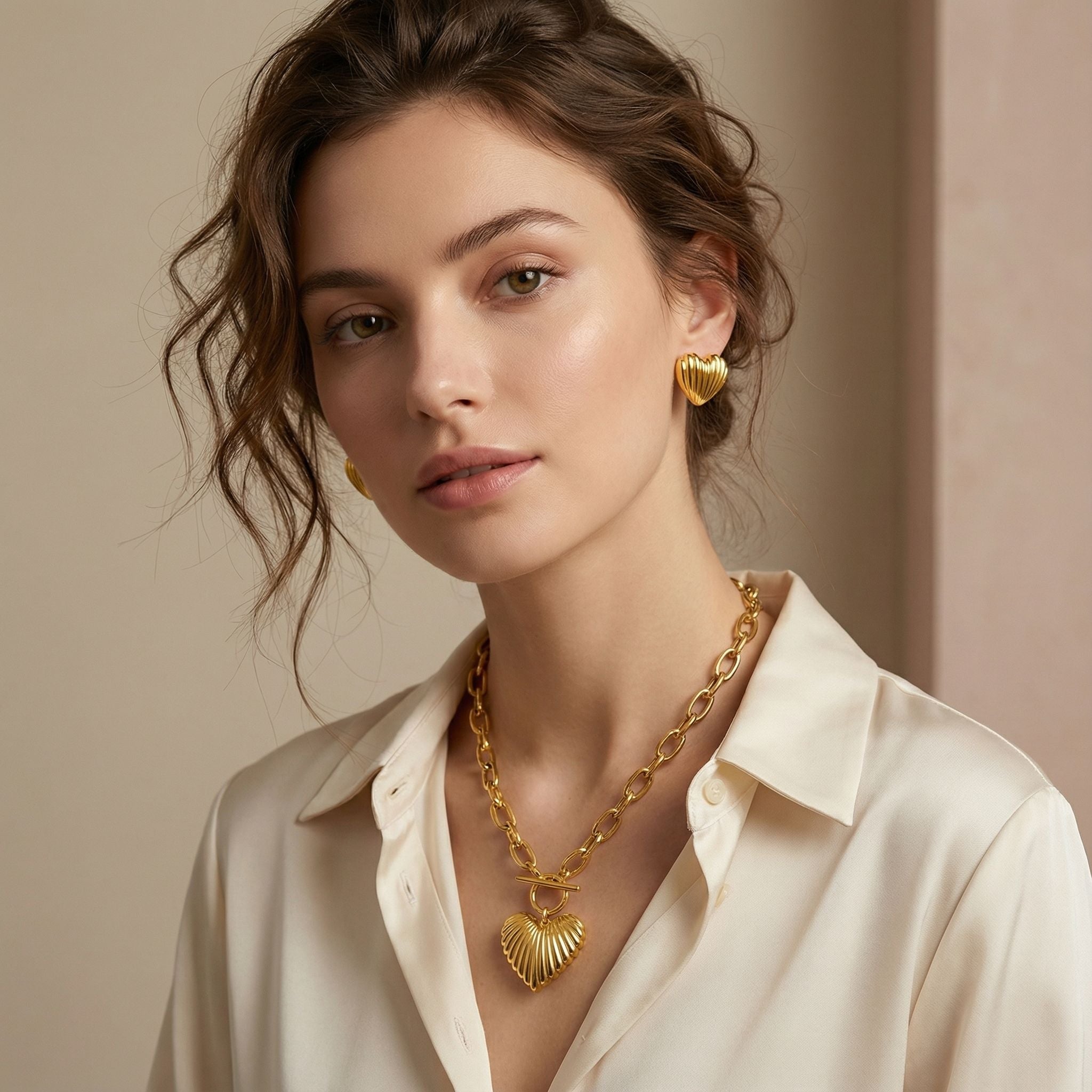MYKI Textured Heart Toggle Premium Plated Necklace & Stud Earrings (mkps14)