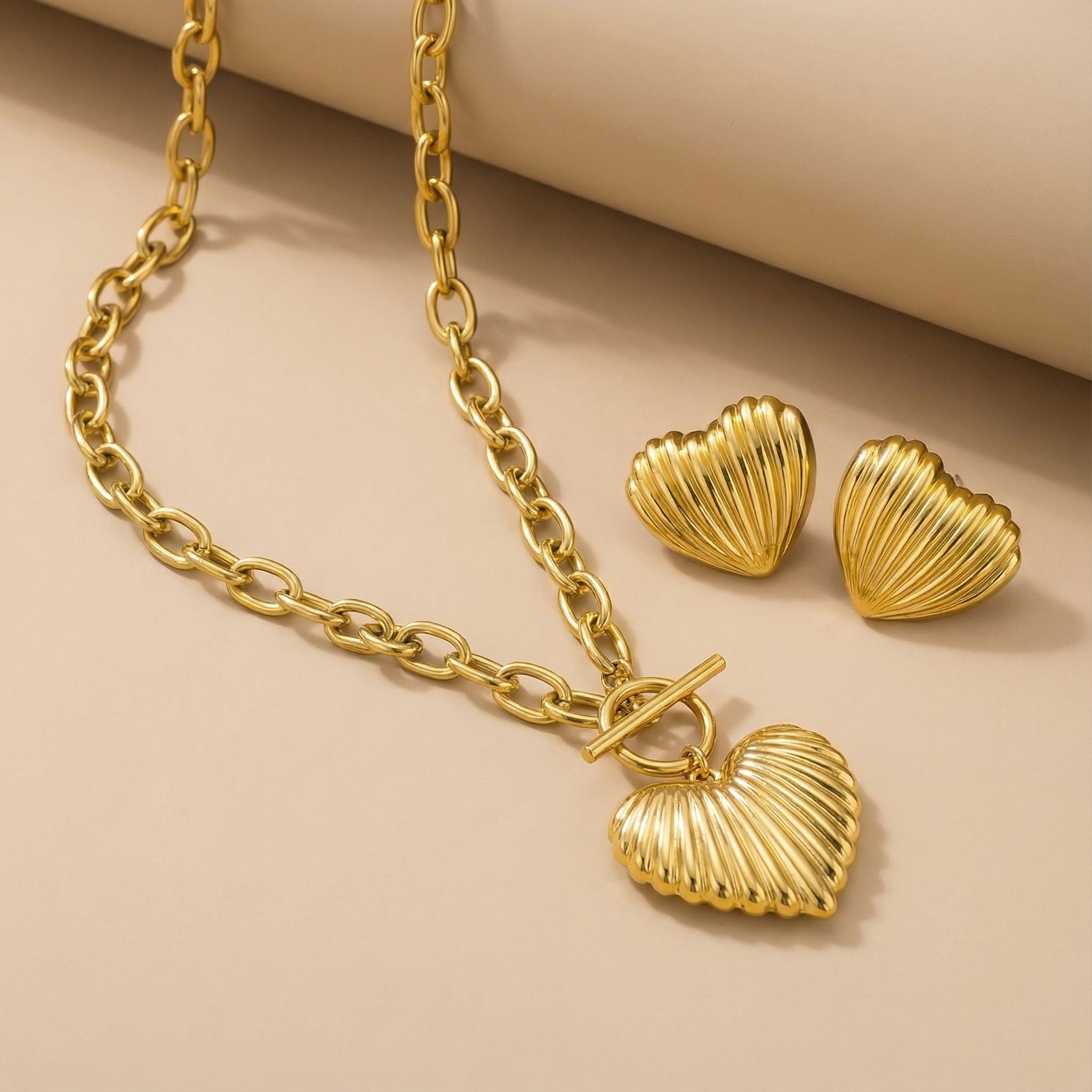 Textured Heart Toggle Premium Plated Necklace & Stud Earrings