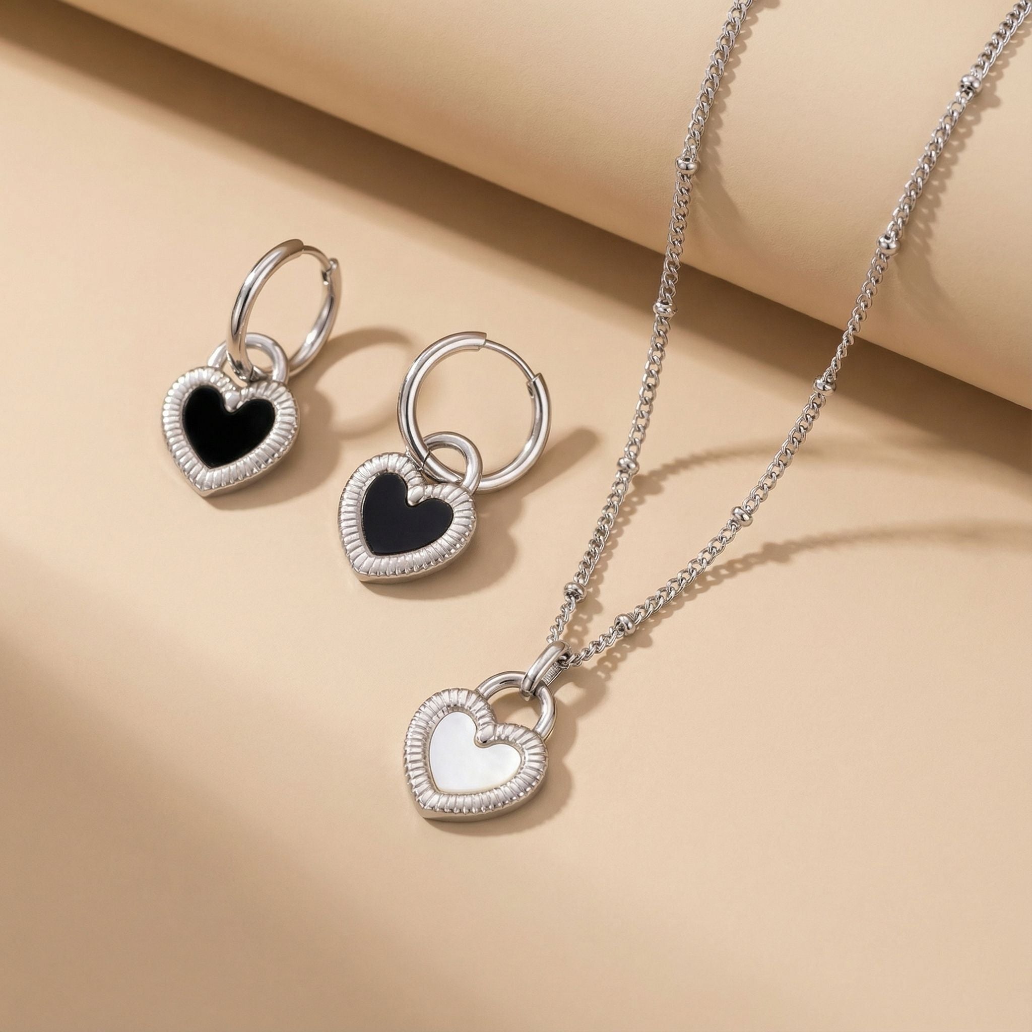 Heart Charm Premium Plated Silver Necklace & Earrings Set