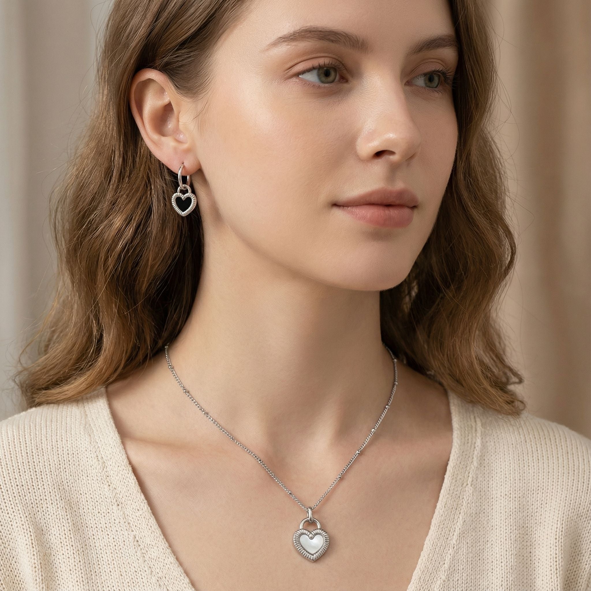 MYKI Heart Charm Premium Plated Silver Necklace & Earrings Set (mkps2)
