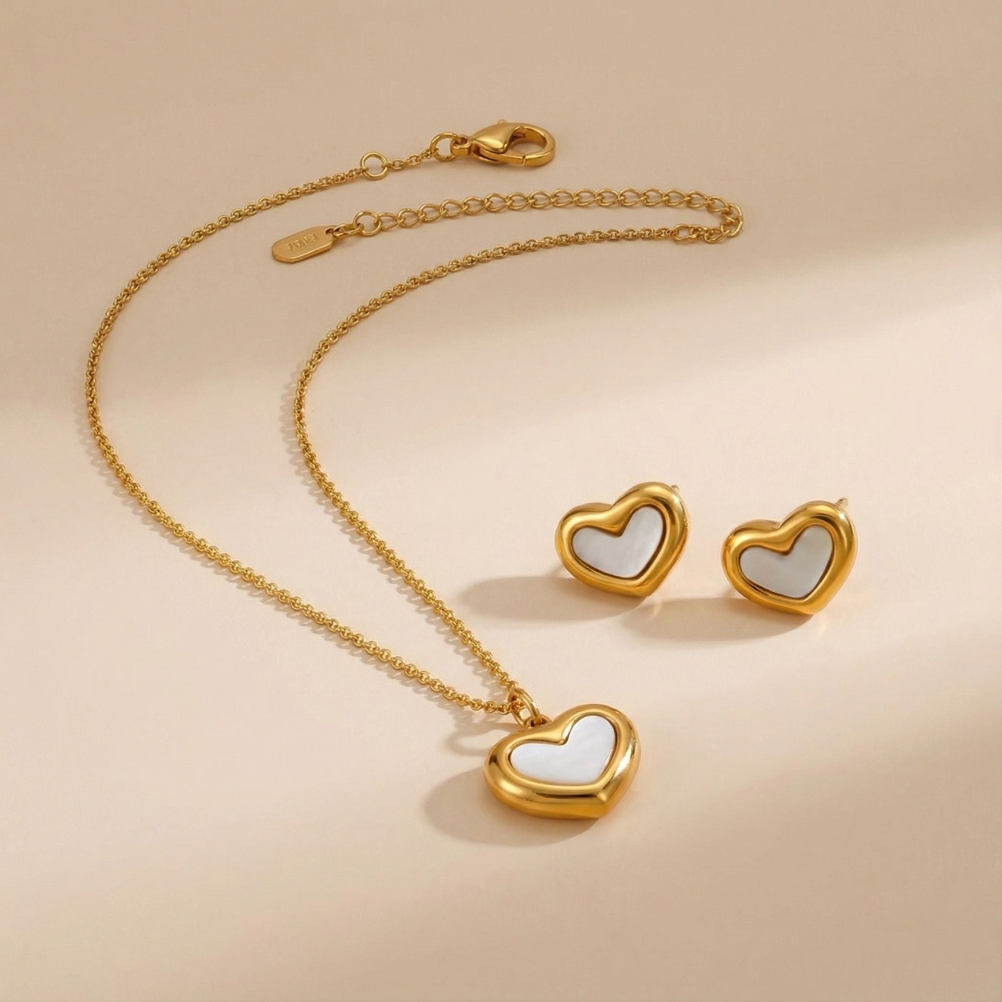 Heart Inlay Premium Plated Necklace & Stud Earrings Set