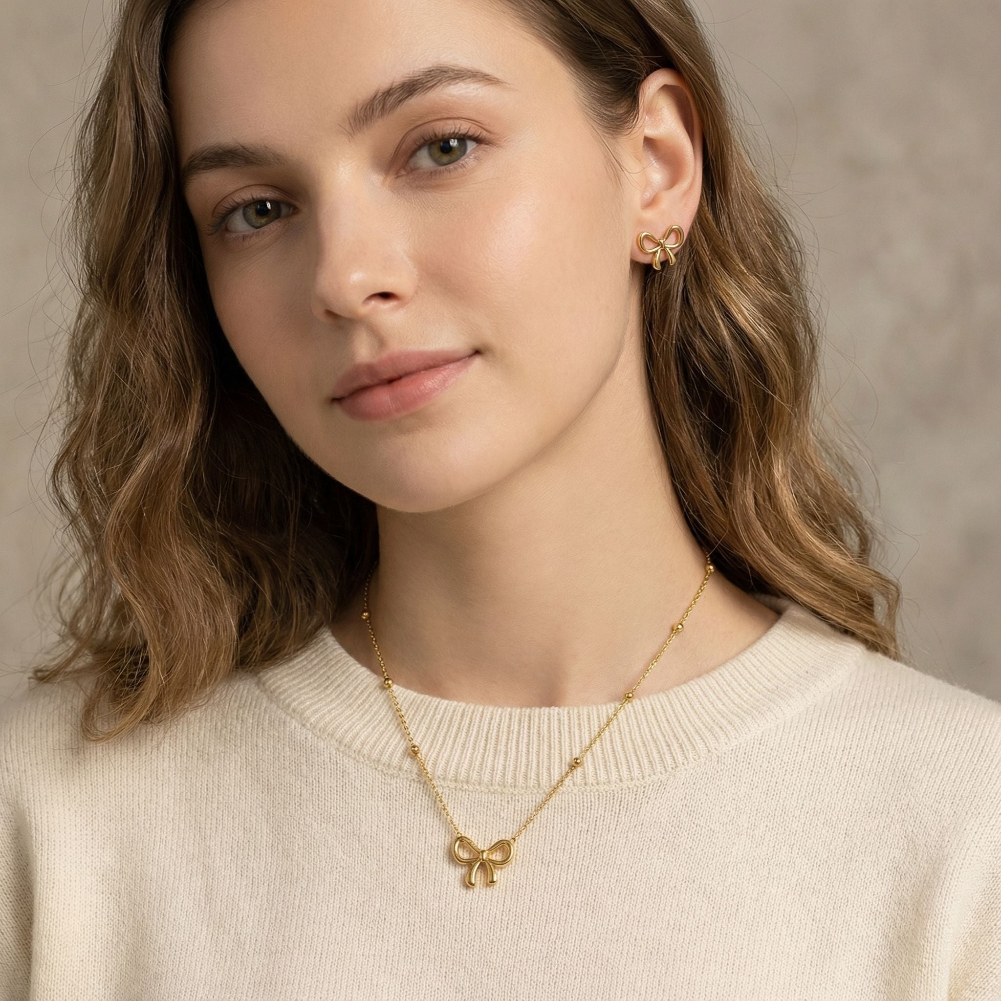MYKI Bow Shape Minimal Premium Plated Necklace & Stud Earrings Set (mkps21)
