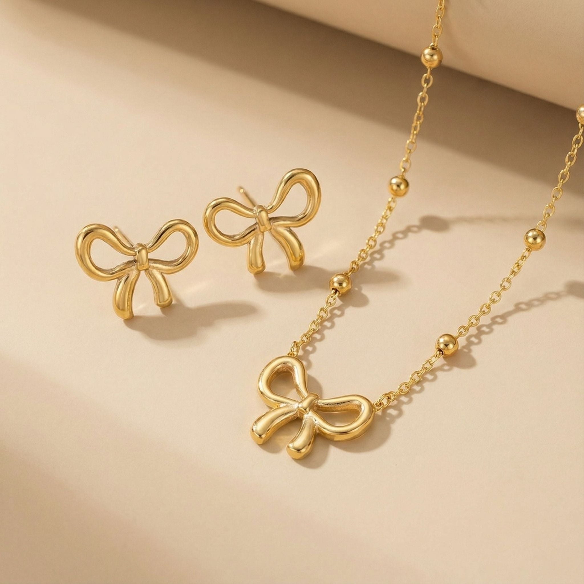 Bow Shape Minimal Premium Plated Necklace & Stud Earrings Set