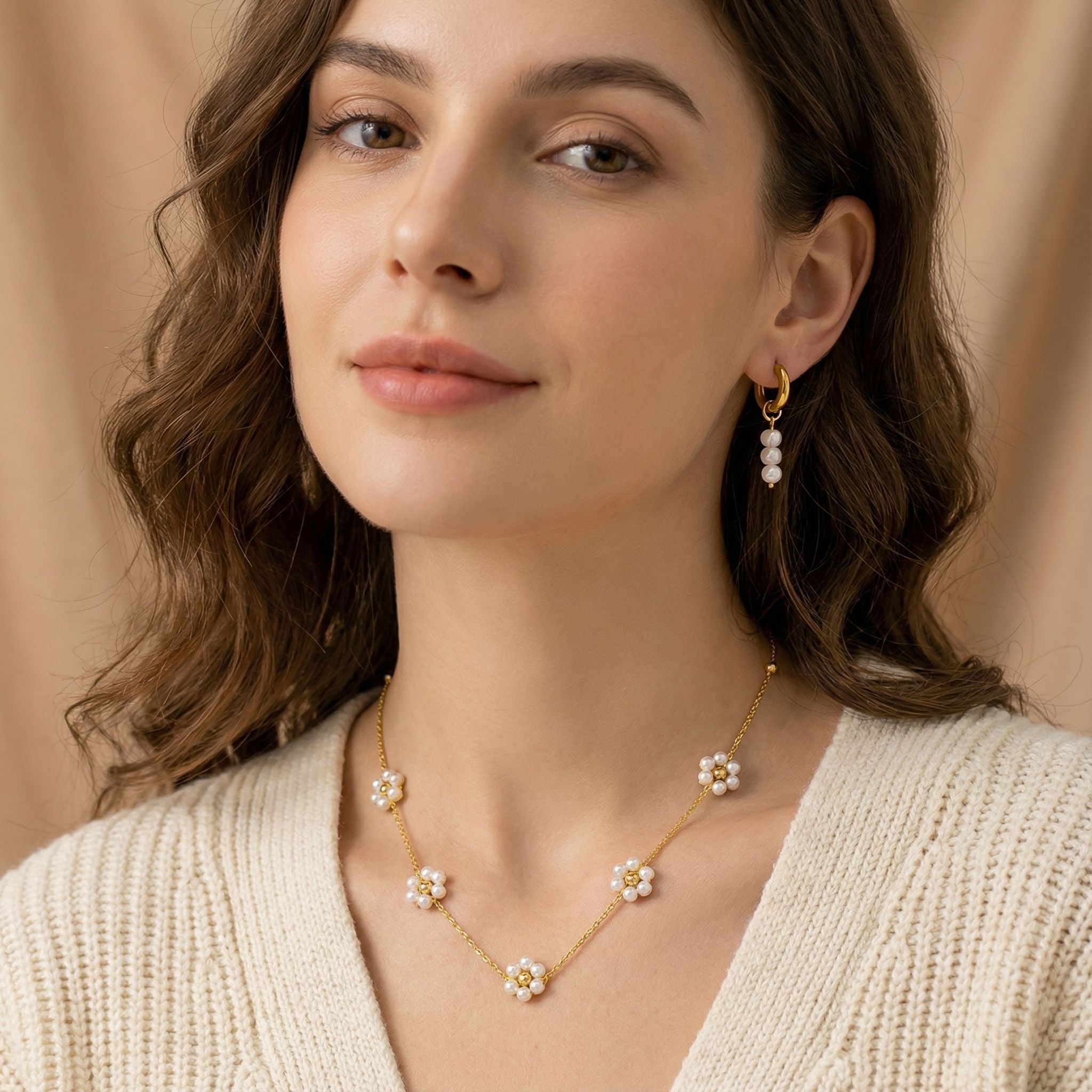 MYKI Pearl Floral Premium Plated Necklace & Hoop Earrings Set (mkps23)