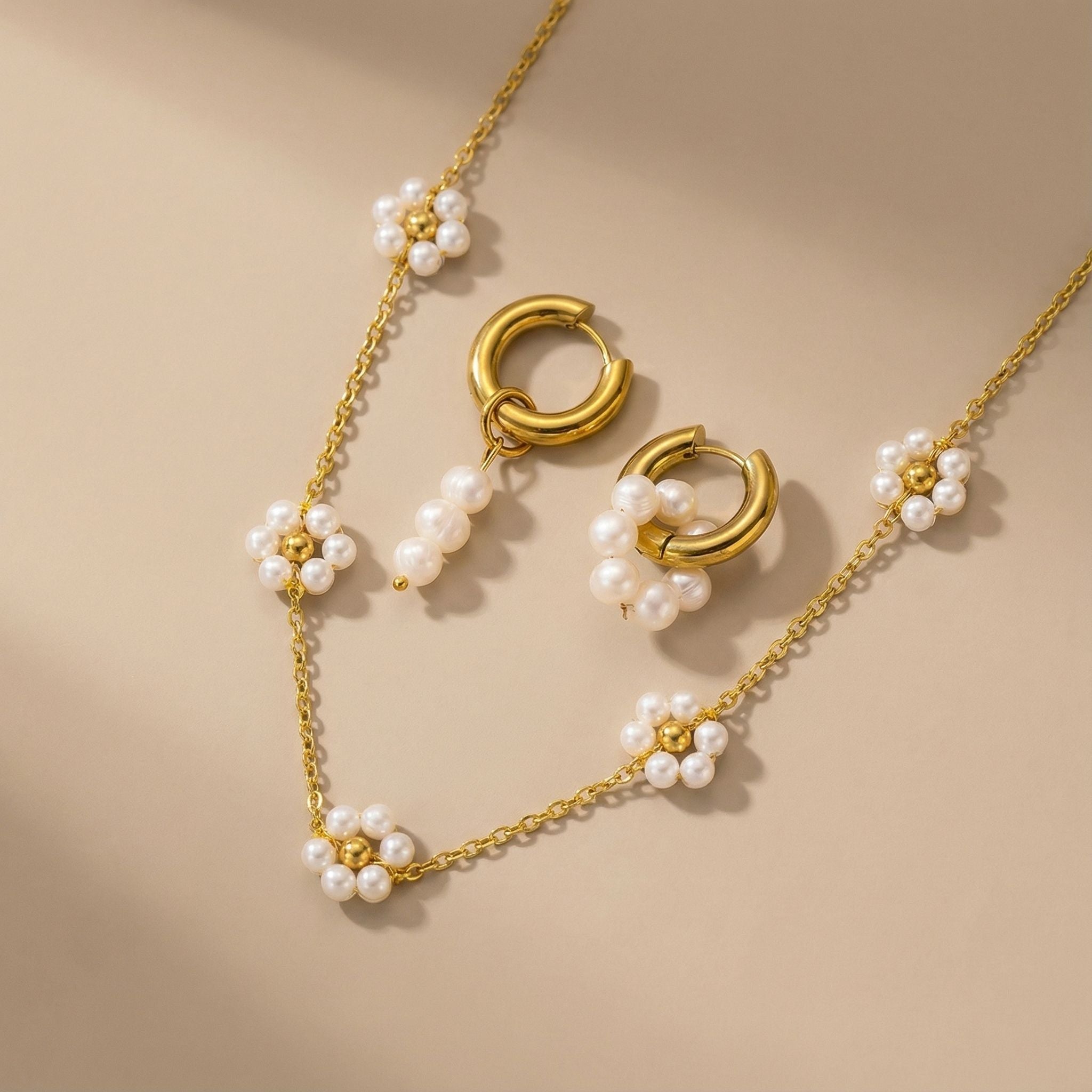 Pearl Floral Premium Plated Necklace & Hoop Earrings Set