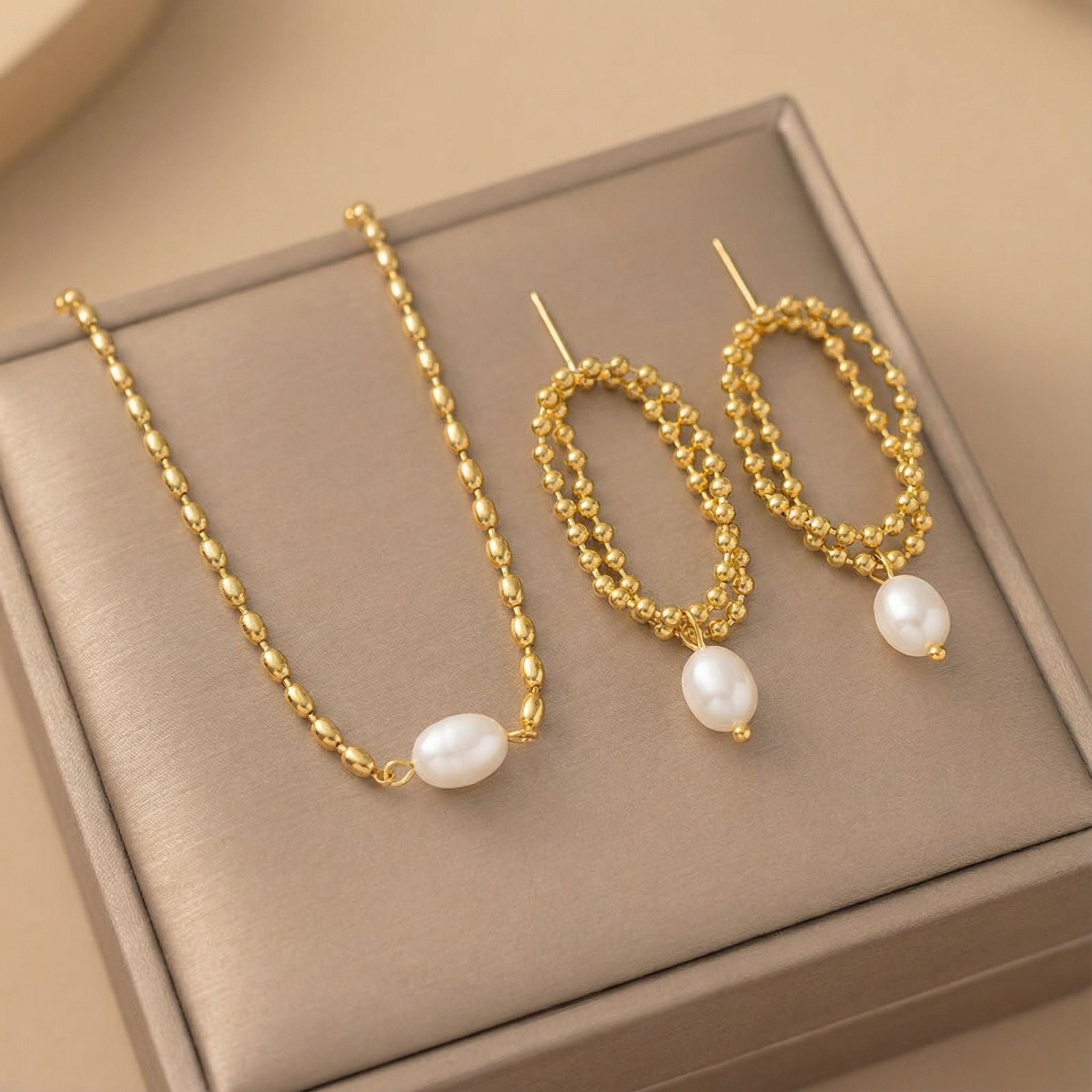 Beaded Pearl Premium Plated Necklace & Long Earrings