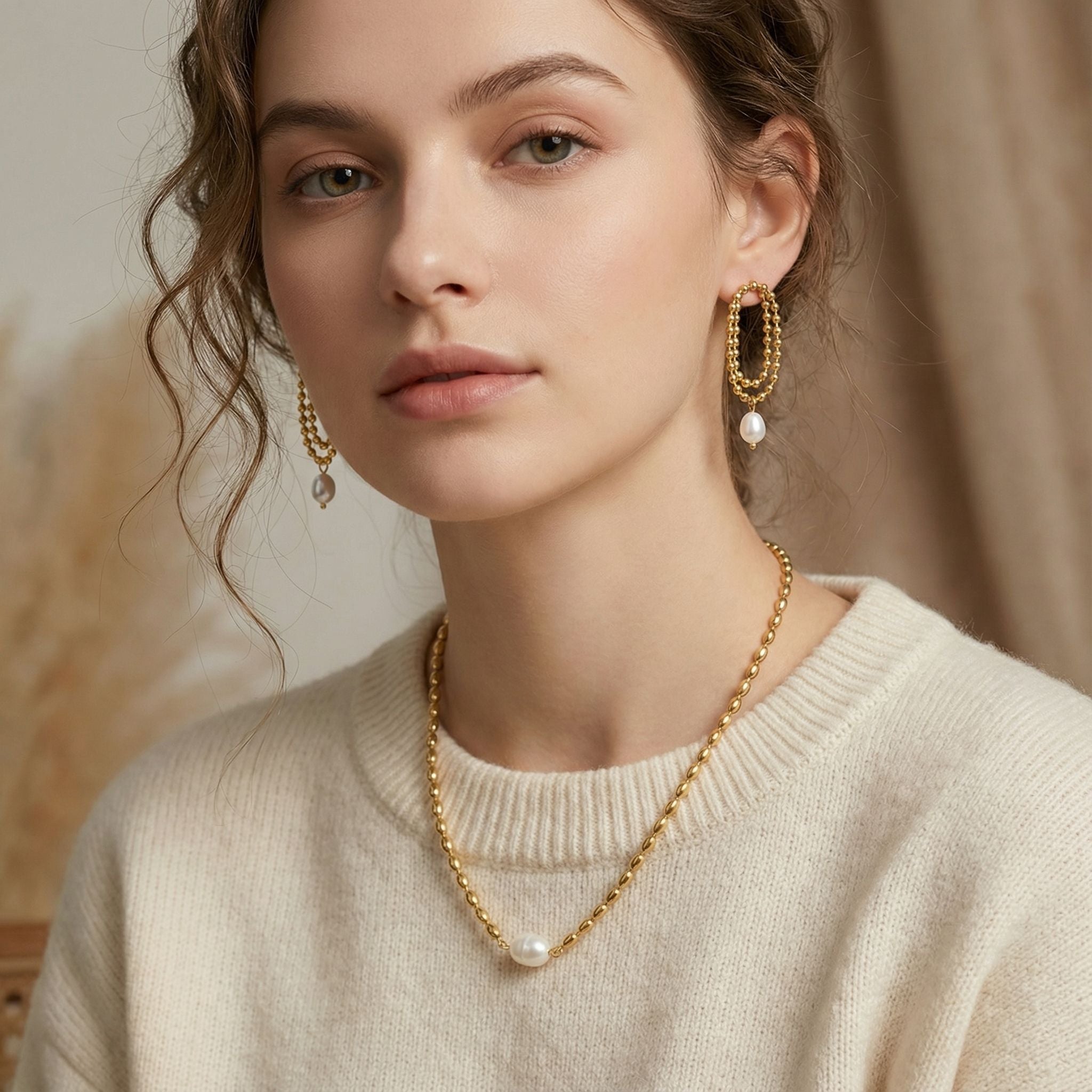 MYKI Beaded Pearl Premium Plated Necklace & Long Earrings (mkps24)