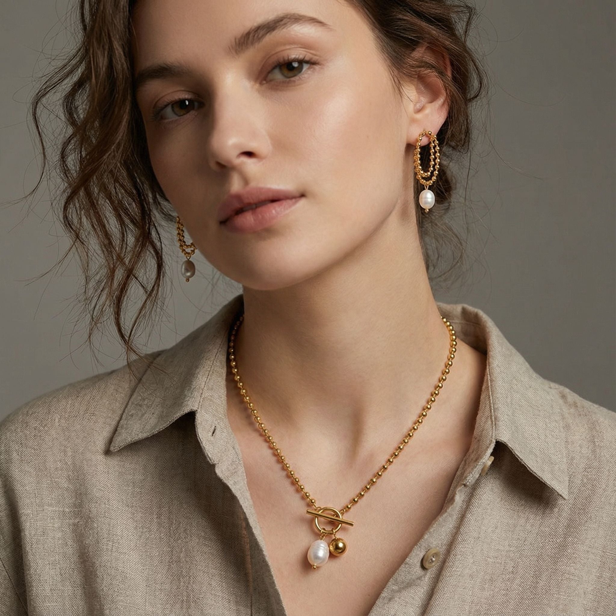 MYKI Toggle Pearl Premium Plated Necklace & Drop Earrings (mkps25)