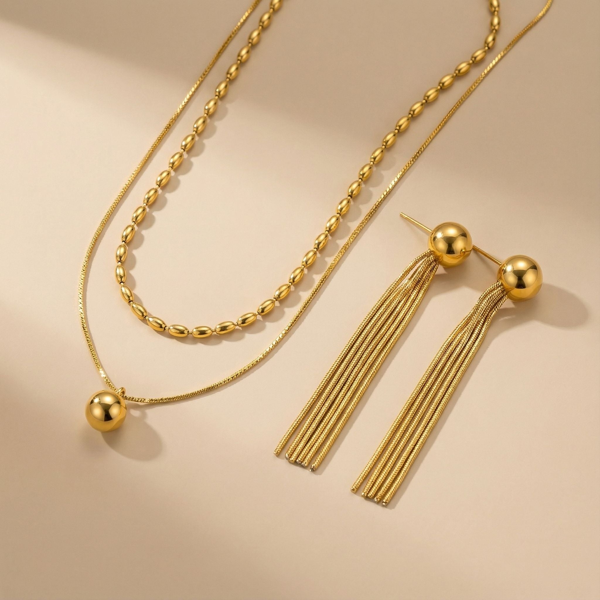 Layered Ball Chain Premium Plated Necklace & Tassel Earrings