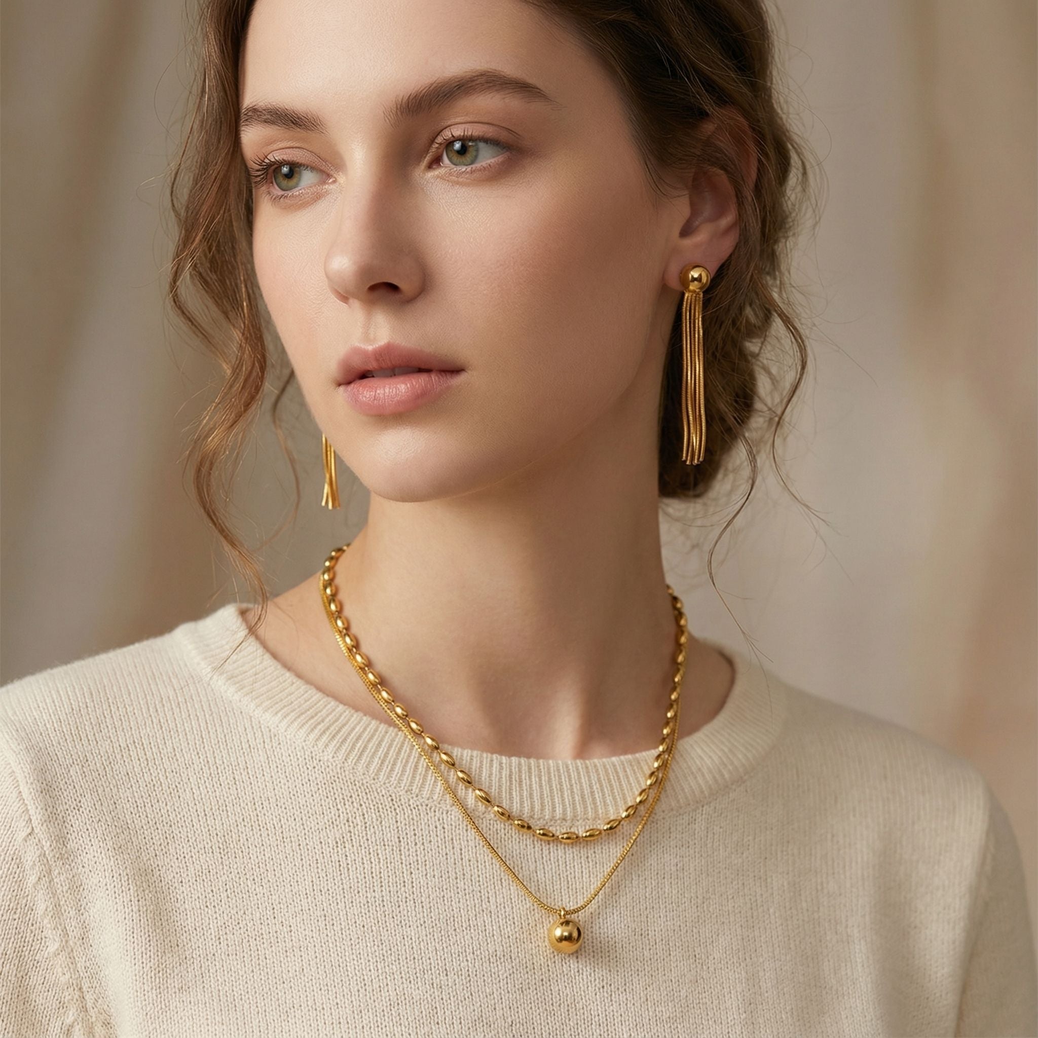 MYKI Layered Ball Chain Premium Plated Necklace & Tassel Earrings (mkps26)
