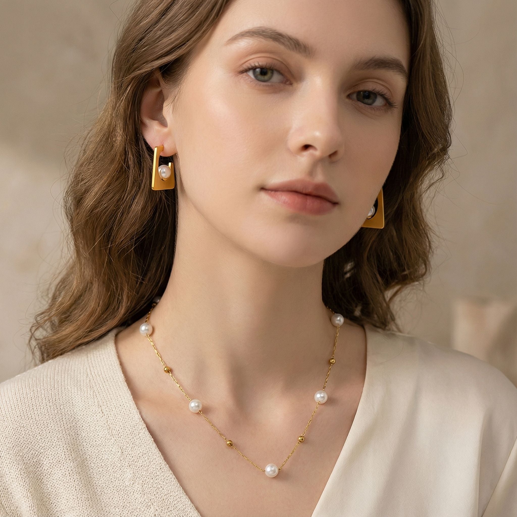 MYKI Pearl Link Premium Plated Necklace & Stud Earrings Set (mkps28)