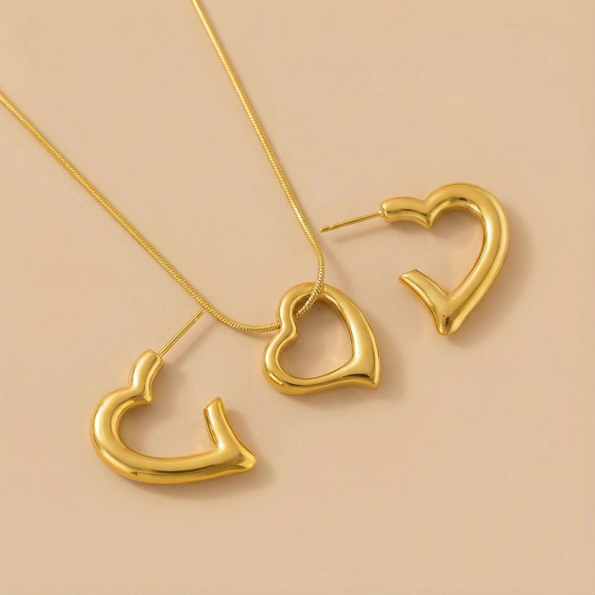 Open Heart Premium Plated Necklace & Hoop Earrings