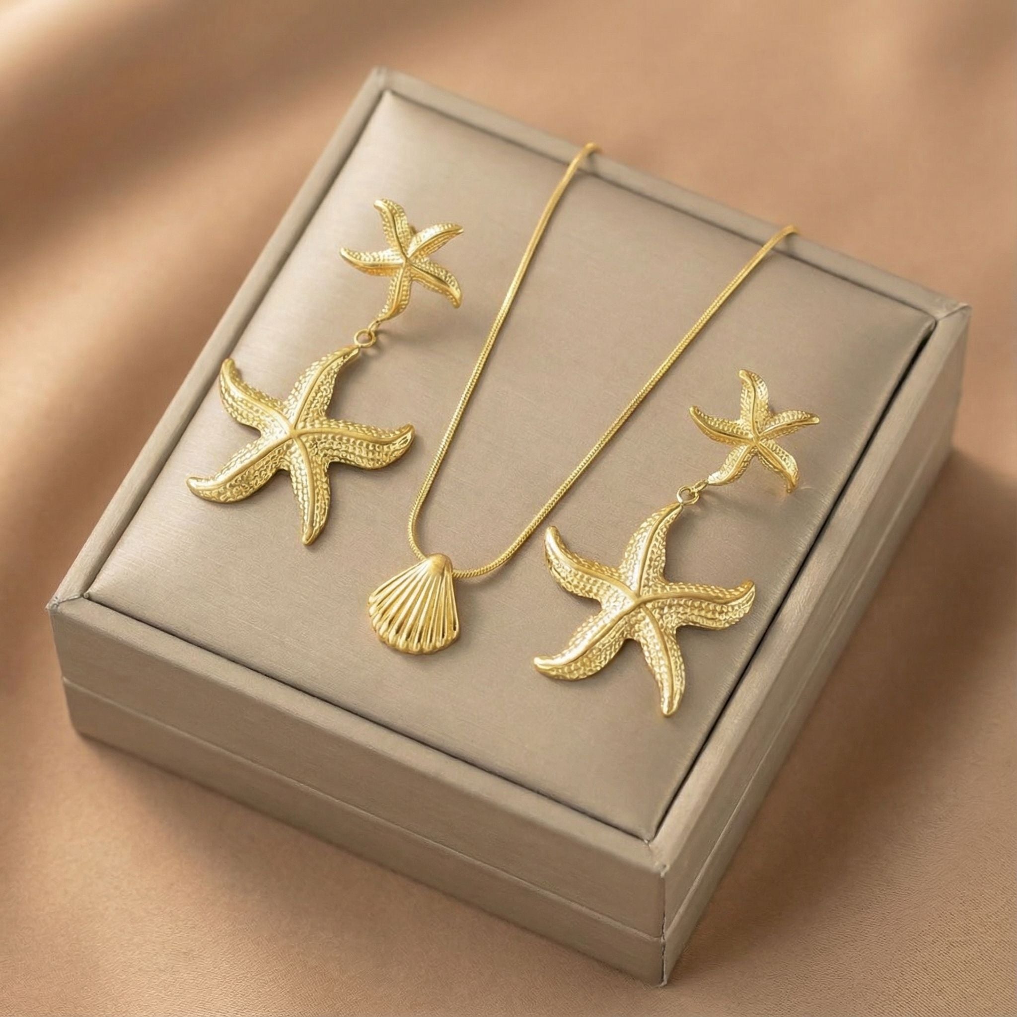 Starfish & Shell Ocean Theme Premium Plated Necklace & Drop Earrings Set