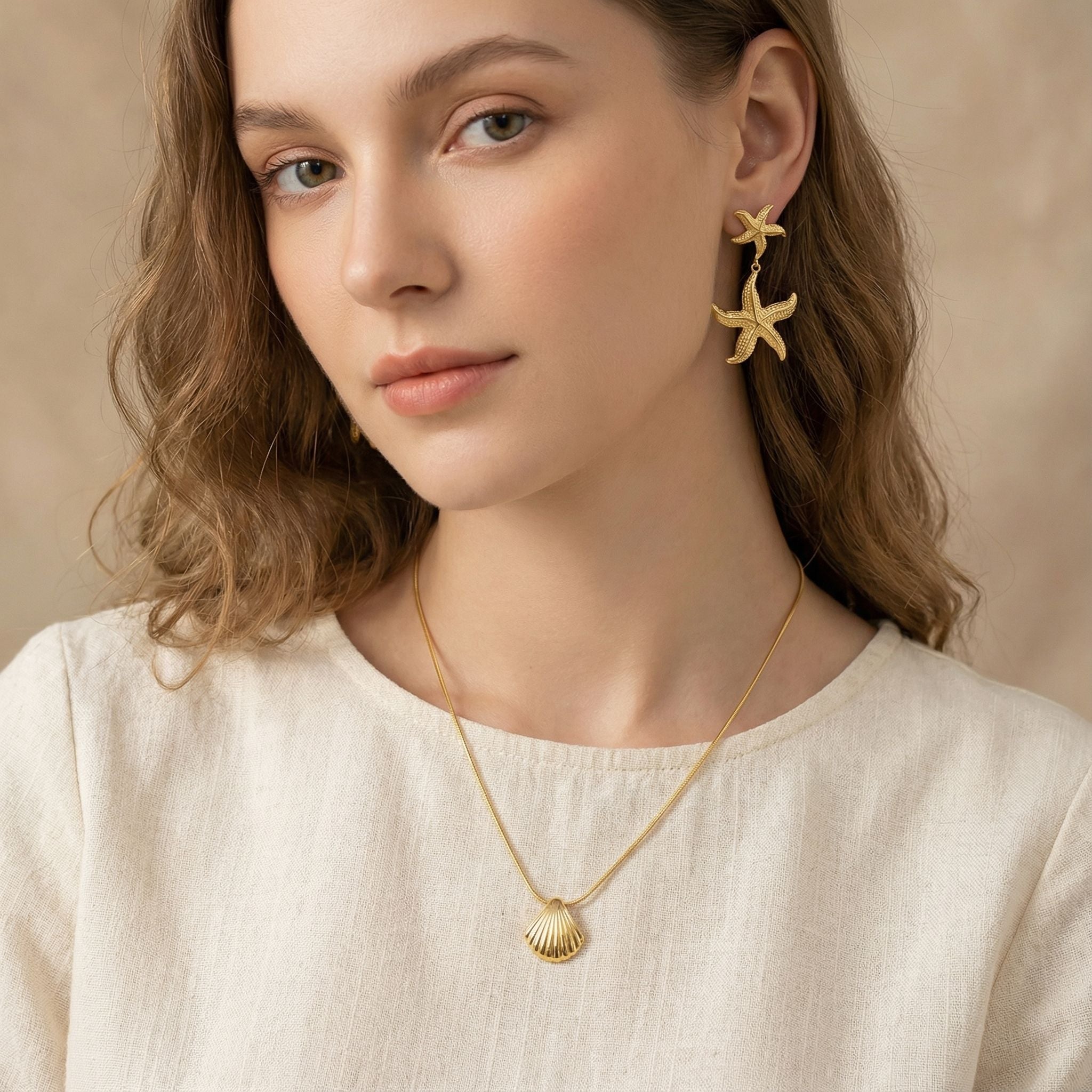 MYKI Starfish & Shell Ocean Theme Premium Plated Necklace & Drop Earrings Set (mkps31)