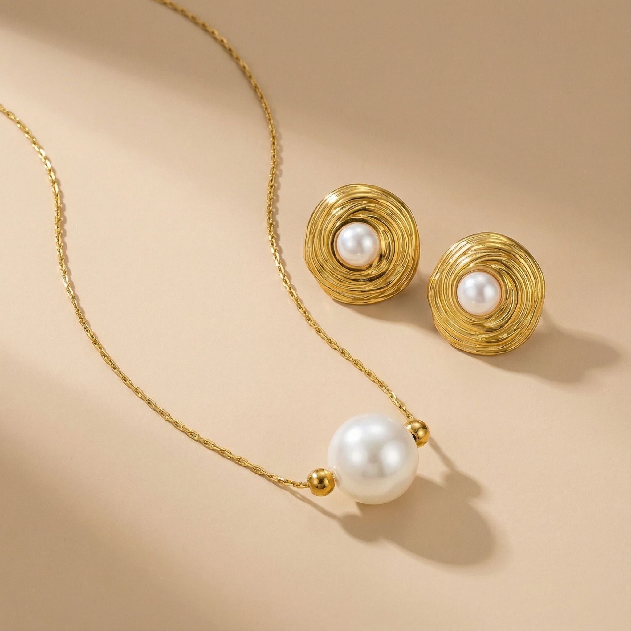 Pearl Swirl Textured Premium Plated Necklace & Stud Earrings