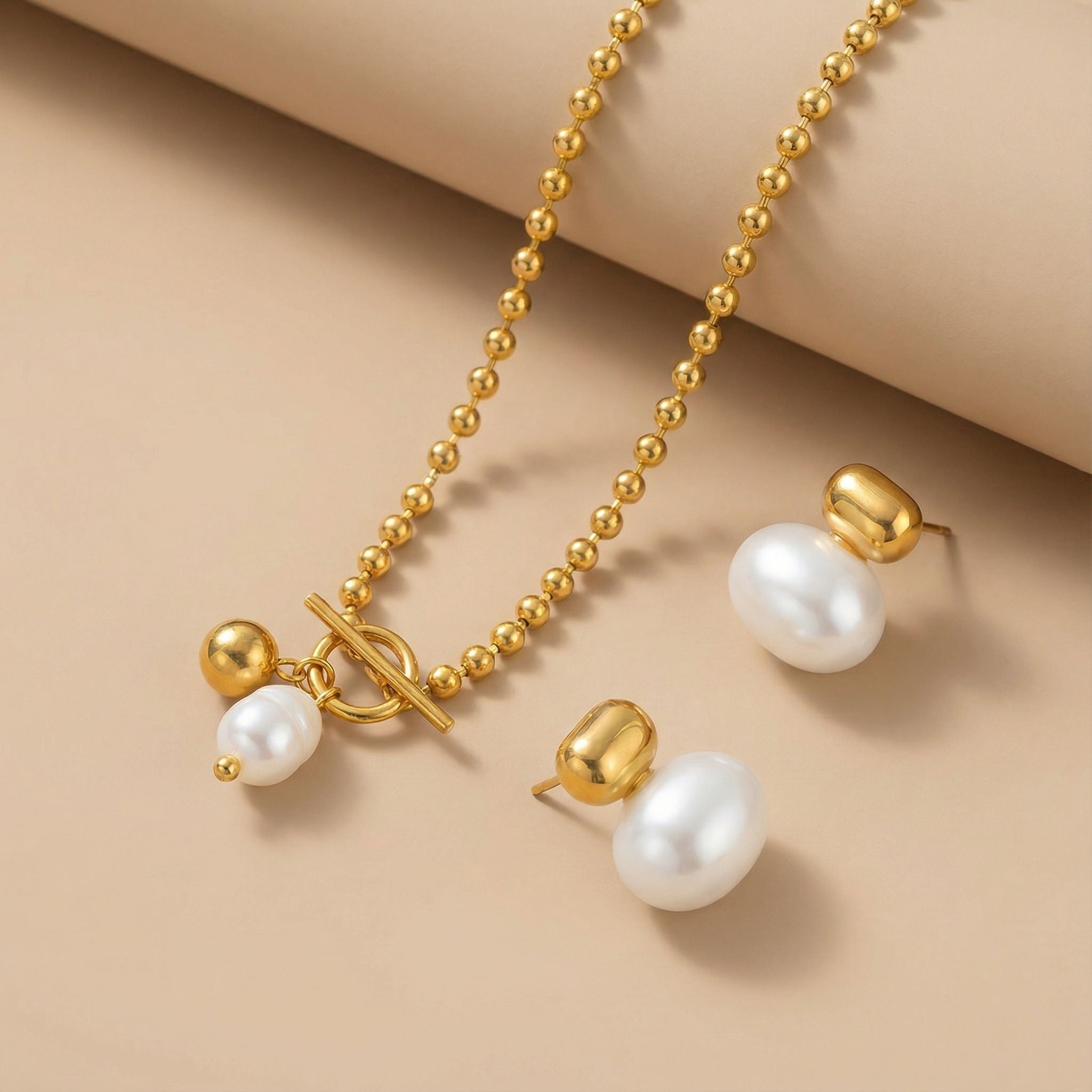 Toggle Pearl Beaded Premium Plated Necklace & Stud Earrings
