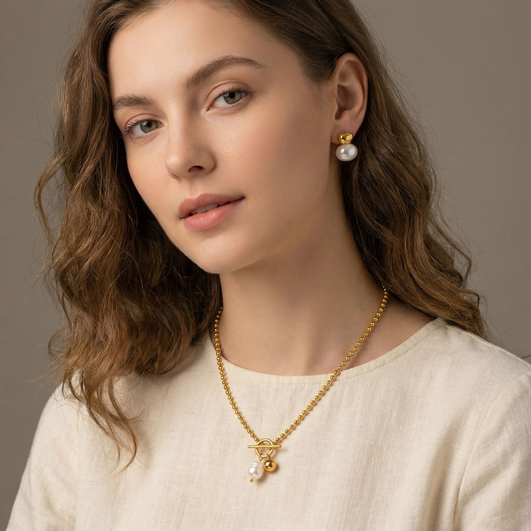 MYKI Toggle Pearl Beaded Premium Plated Necklace & Stud Earrings (mkps33)