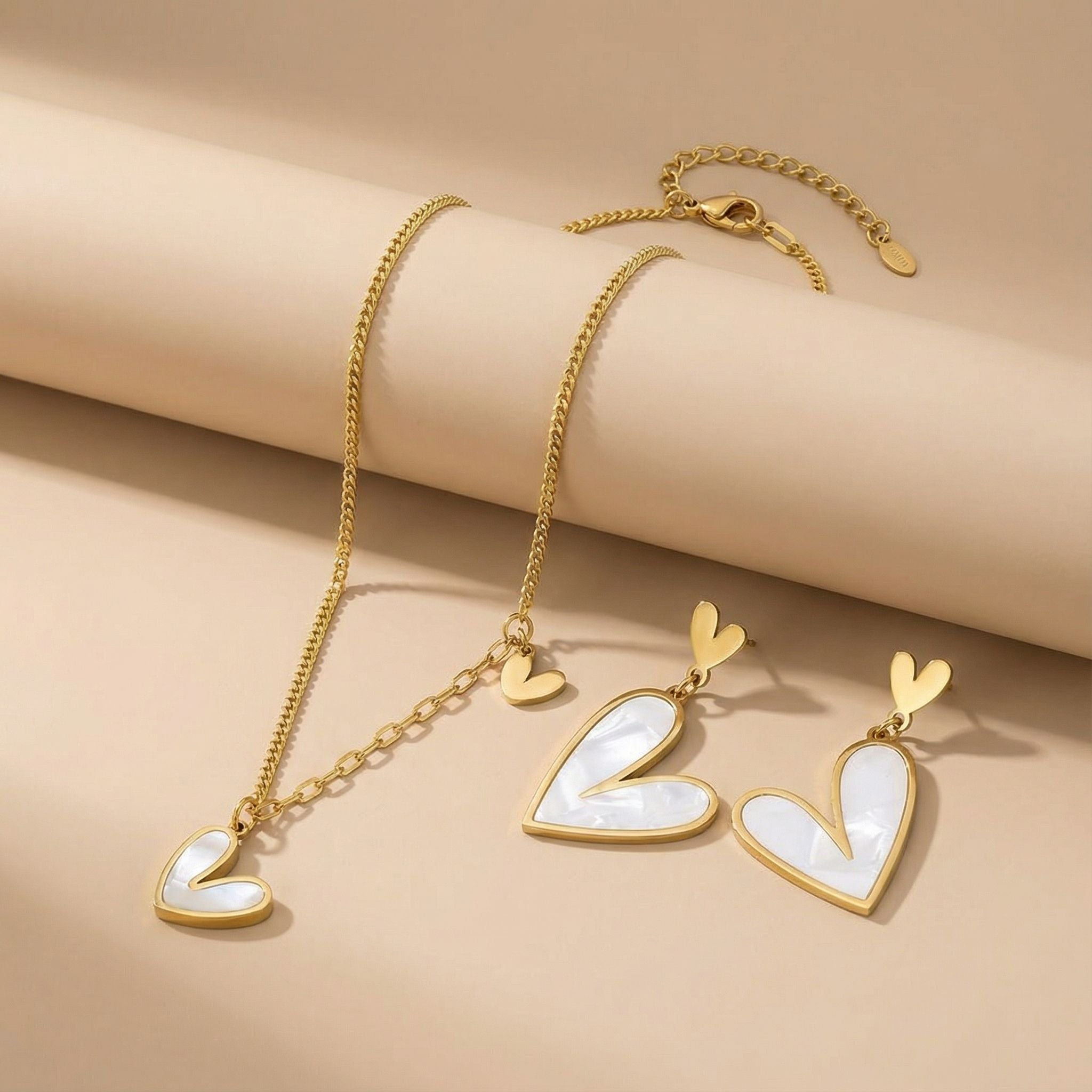 Heart Motif Mother of Pearl Premium Plated Necklace & Drop Earrings