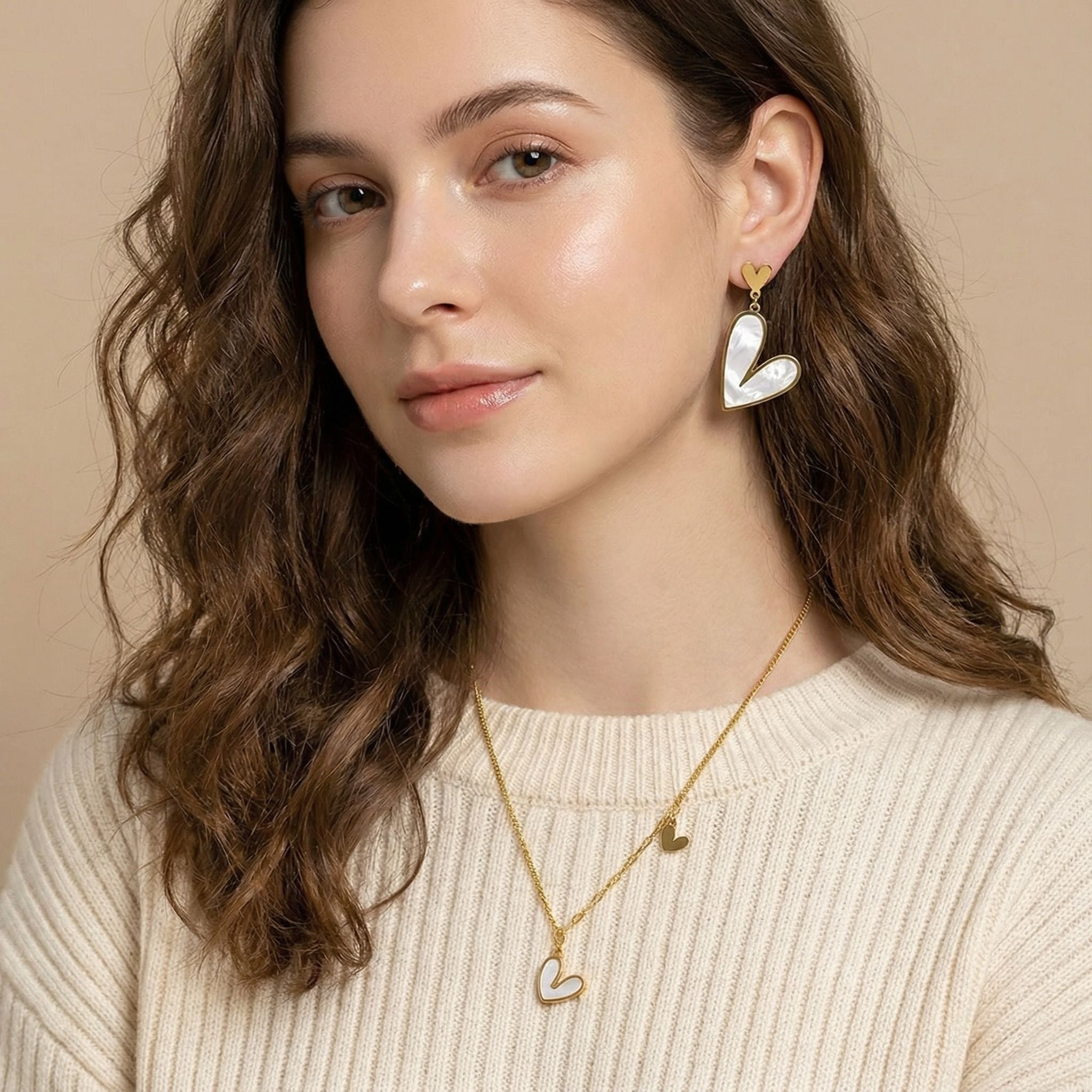 MYKI Heart Motif Mother of Pearl Premium Plated Necklace & Drop Earrings (mkps34)