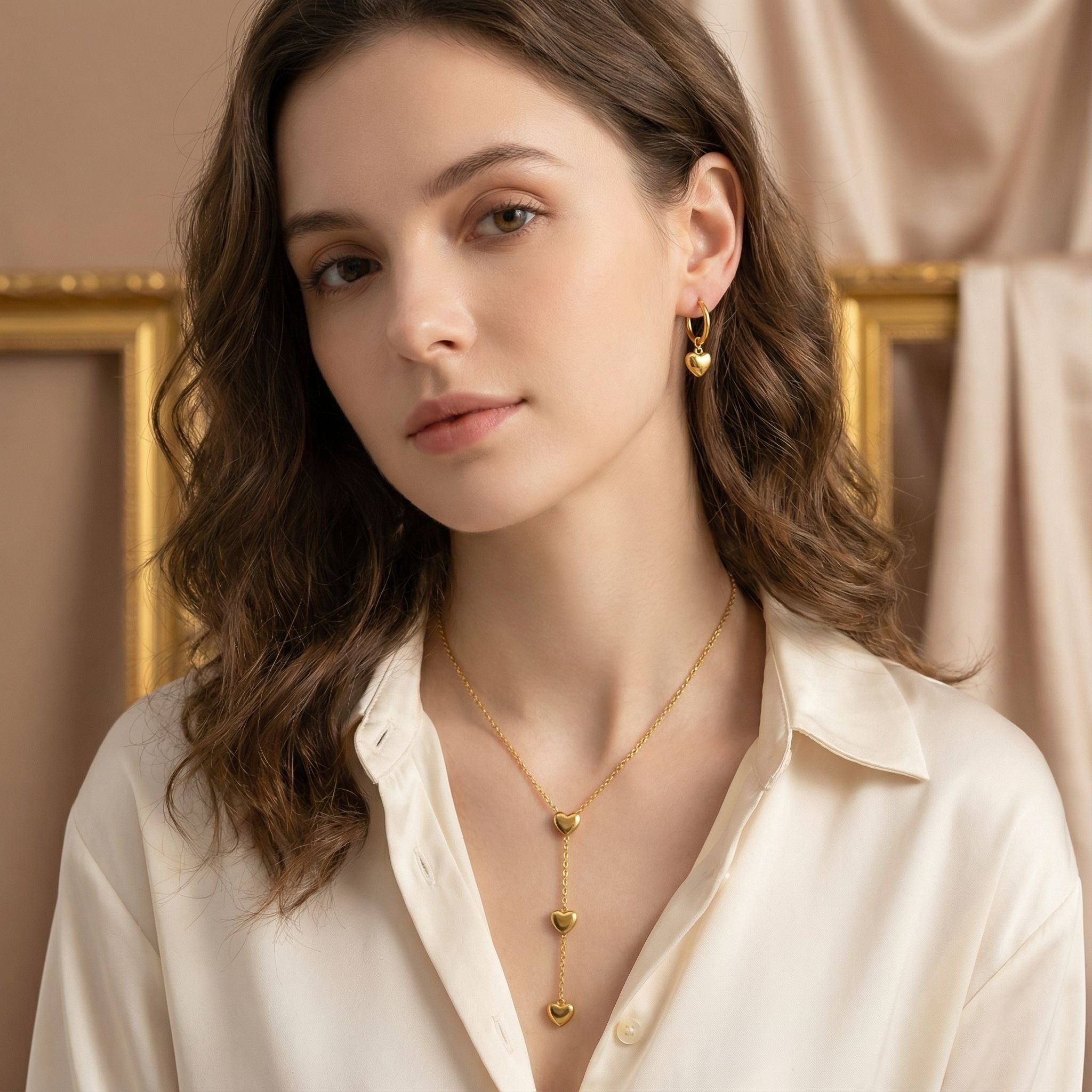 MYKI Multi Heart Chain Premium Plated Necklace & Hoop Earrings (mkps35)