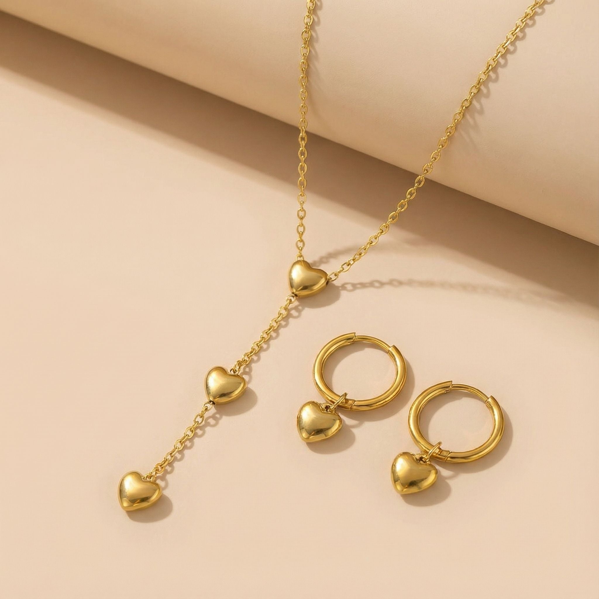 Multi Heart Chain Premium Plated Necklace & Hoop Earrings