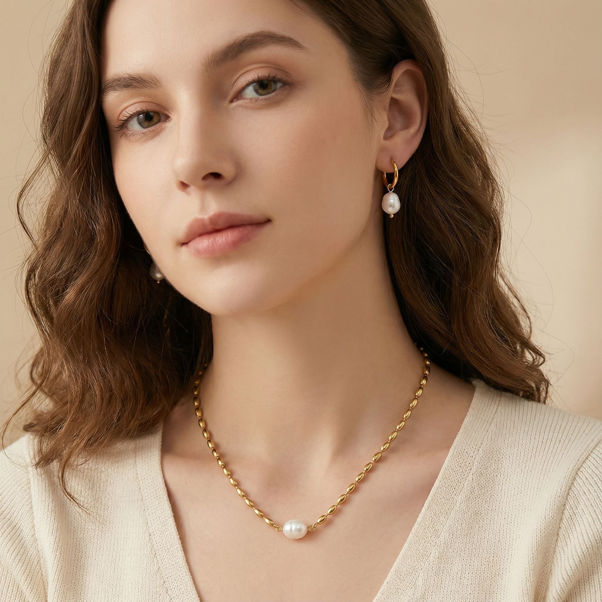 MYKI Pearl Oval Bead Premium Plated Necklace & Hoop Earrings (mkps36)