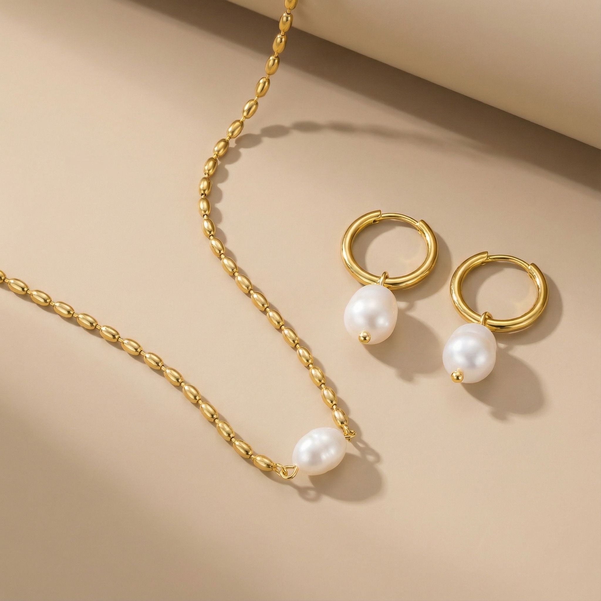 Pearl Oval Bead Premium Plated Necklace & Hoop Earrings