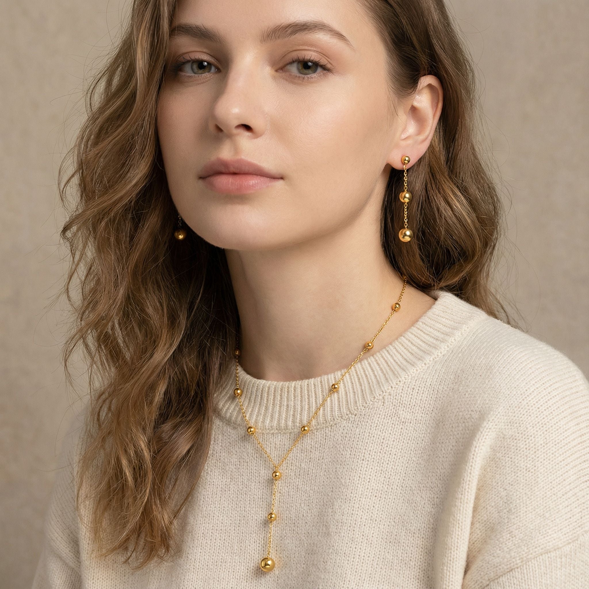 MYKI Beaded Ball Chain Premium Plated Necklace & Drop Earrings (mkps38)