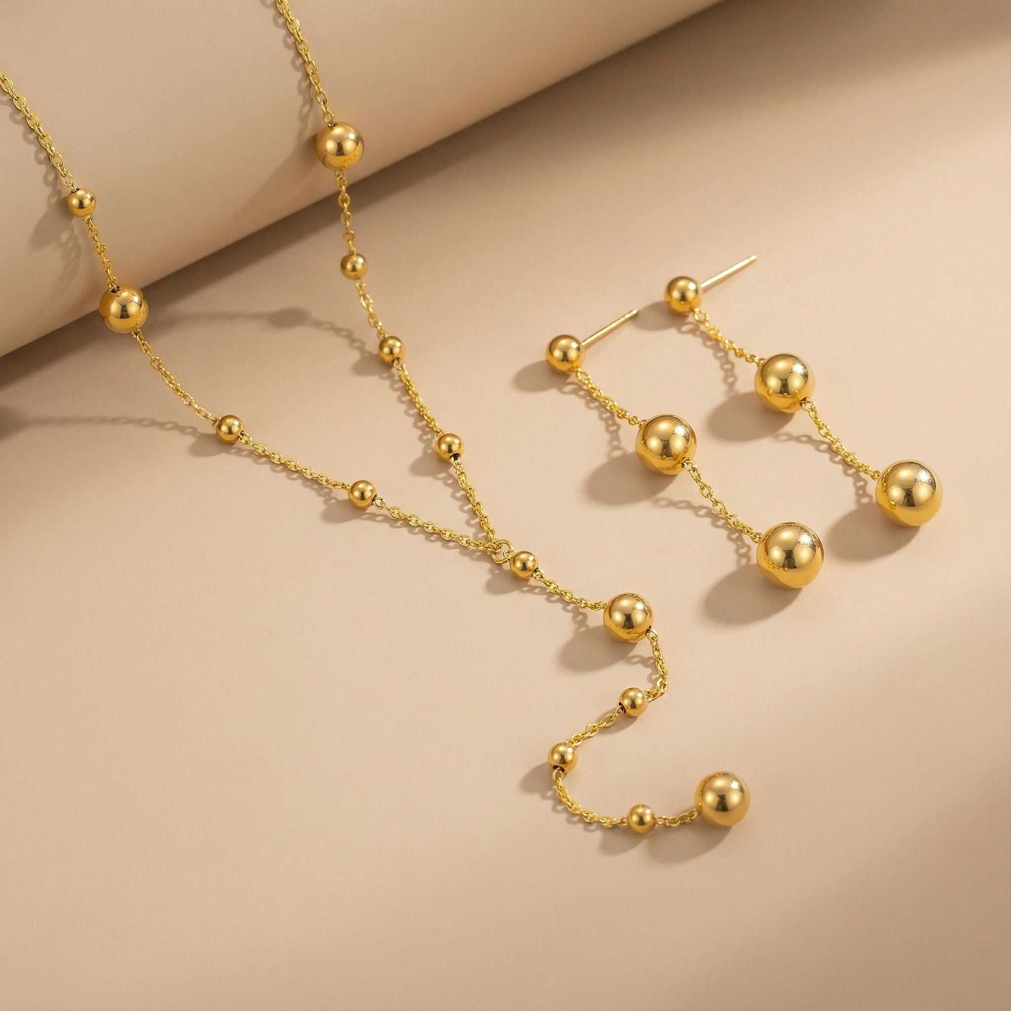 Beaded Ball Chain Premium Plated Necklace & Drop Earrings
