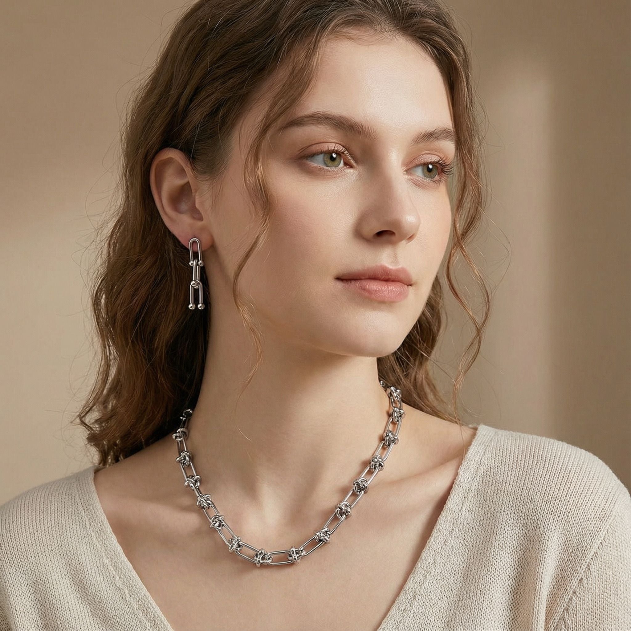 MYKI Silver Tone Paperclip Chain Premium Plated Necklace & Drop Earrings (mkps39)