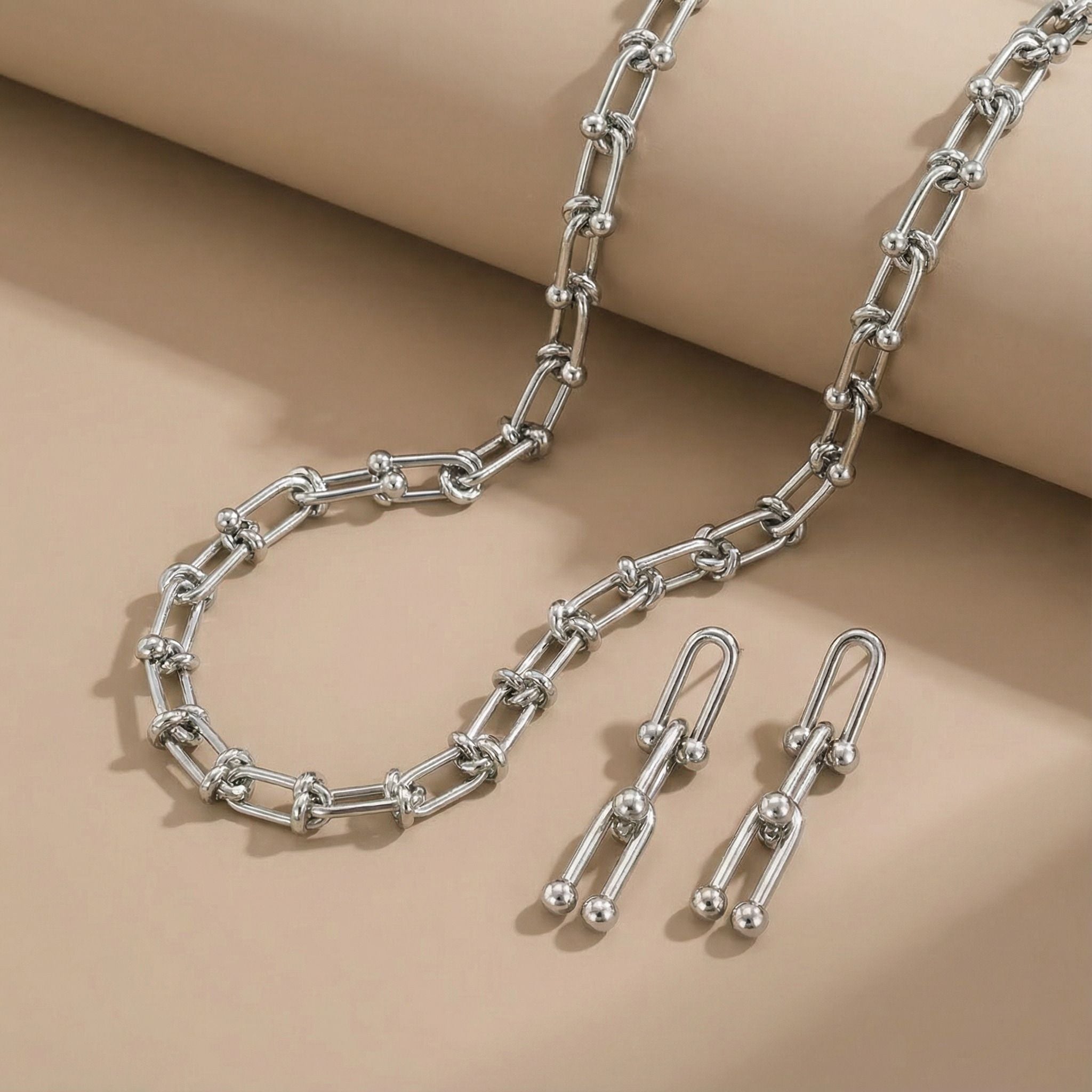Silver Tone Paperclip Chain Premium Plated Necklace & Drop Earrings