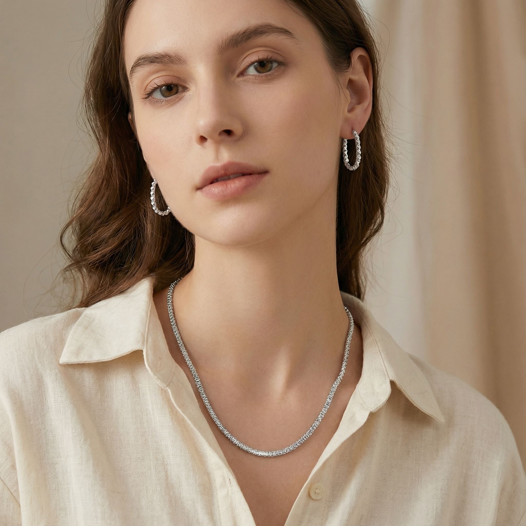 MYKI Textured Chain Premium Plated Necklace & Hoop Earrings (mkps4)