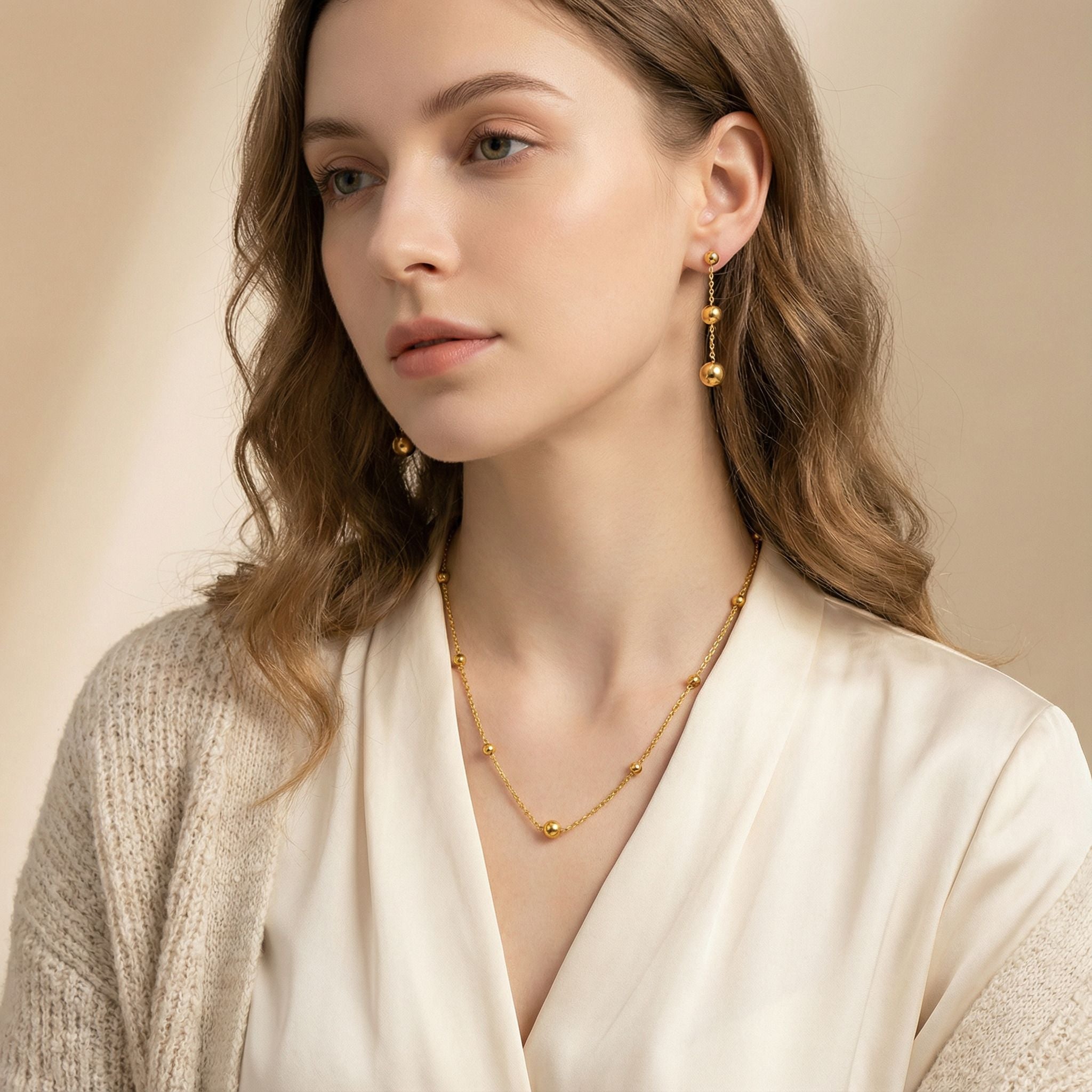 MYKI Ball Chain Minimal Premium Plated Necklace & Drop Earrings Set (mkps40)