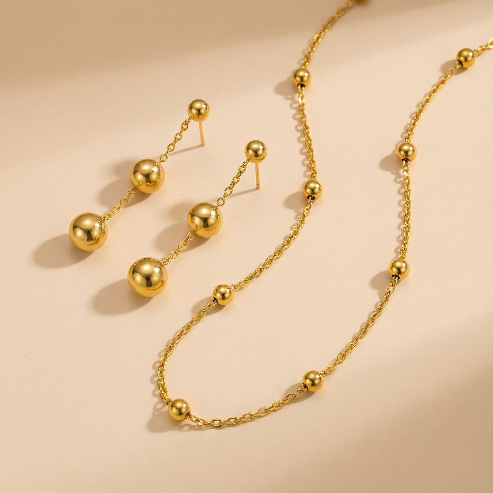 Ball Chain Minimal Premium Plated Necklace & Drop Earrings Set
