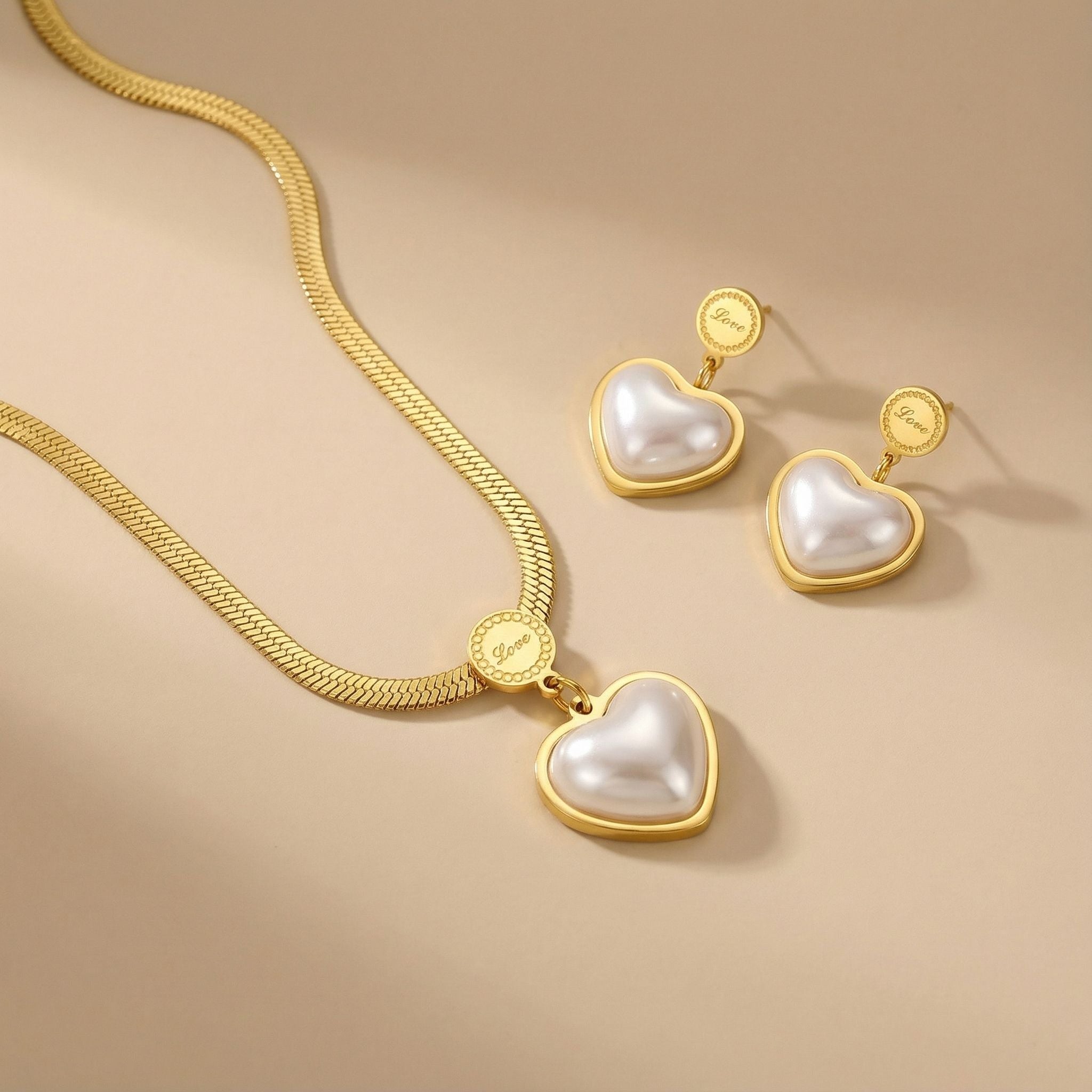 Heart Pearl Charm Premium Plated Necklace & Drop Earrings Set