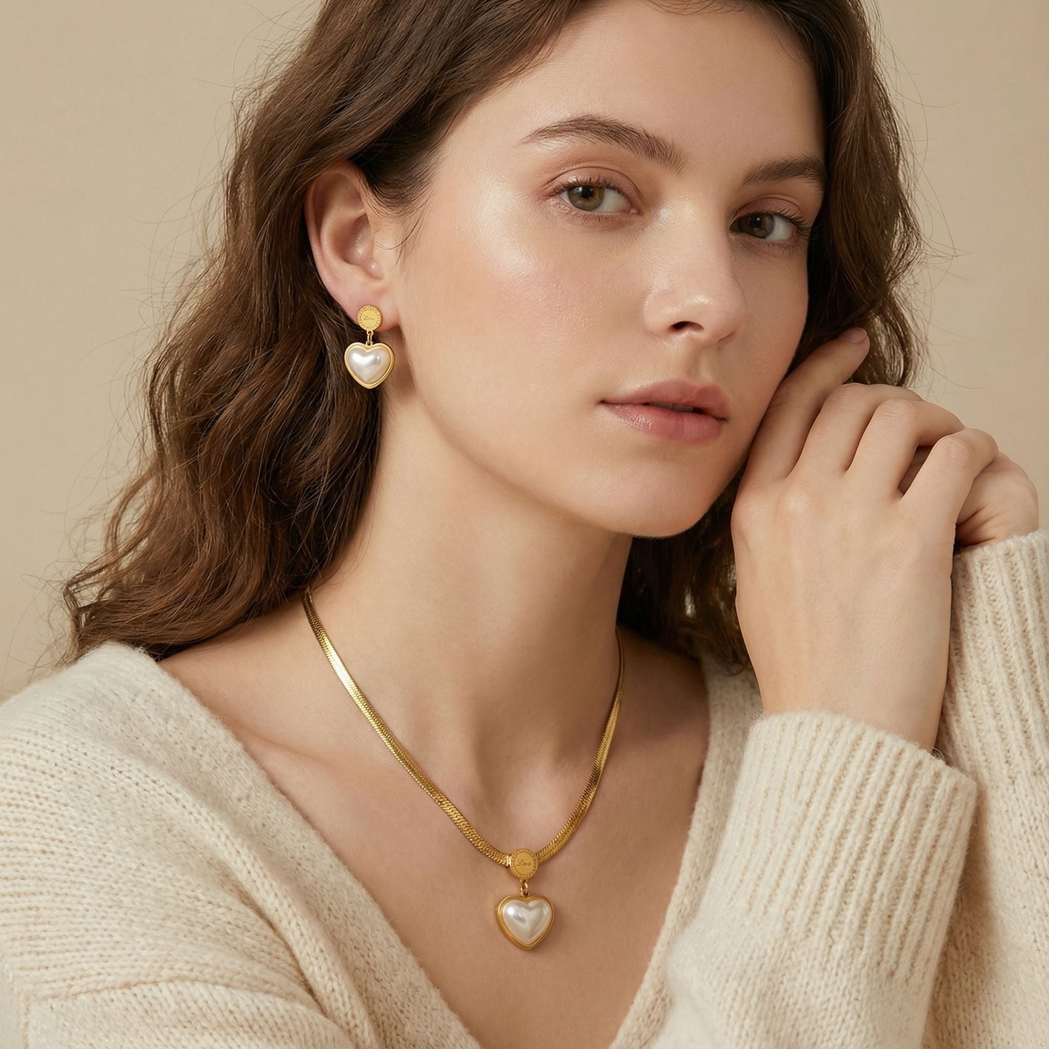 MYKI Heart Pearl Charm Premium Plated Necklace & Drop Earrings Set (mkps41)