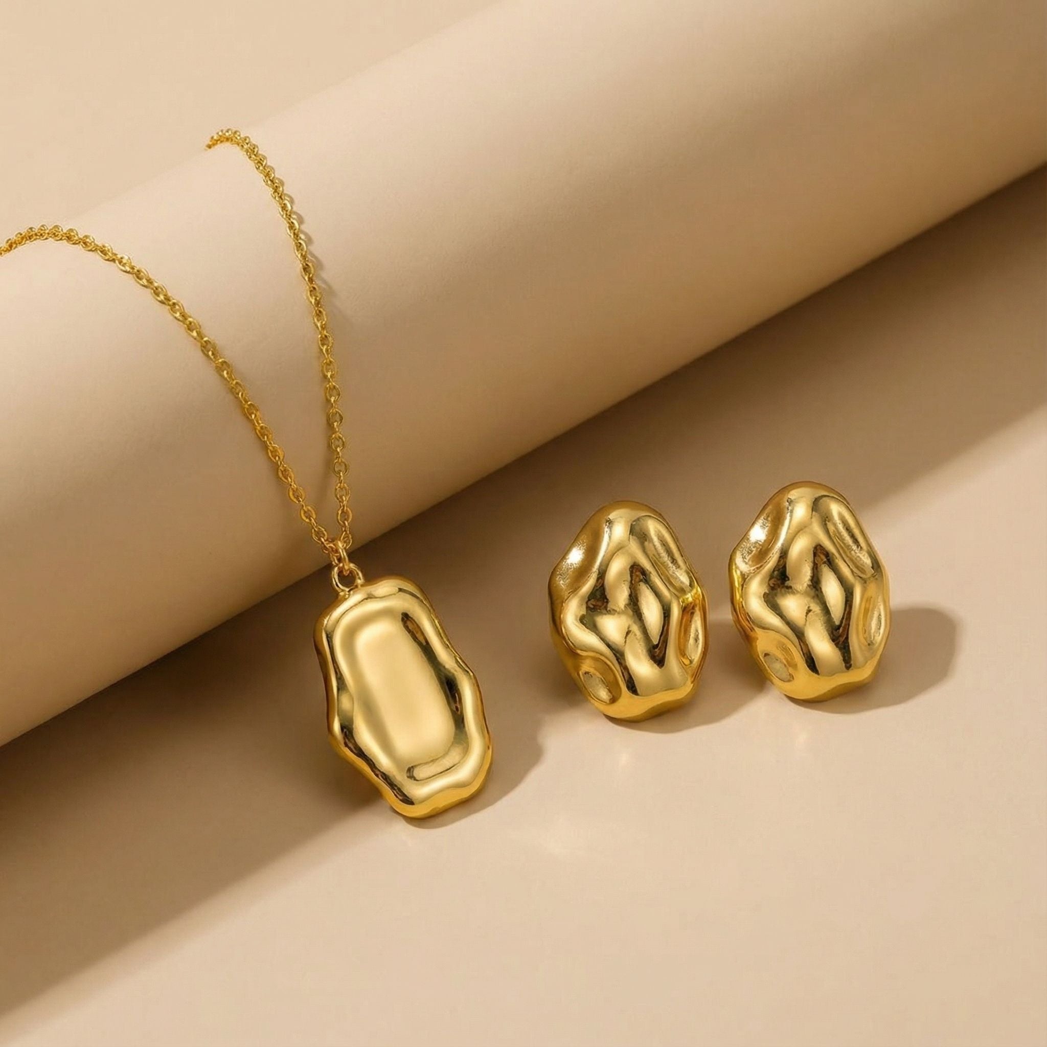 Organic Sculpted Oval Premium Plated Necklace & Stud Earrings