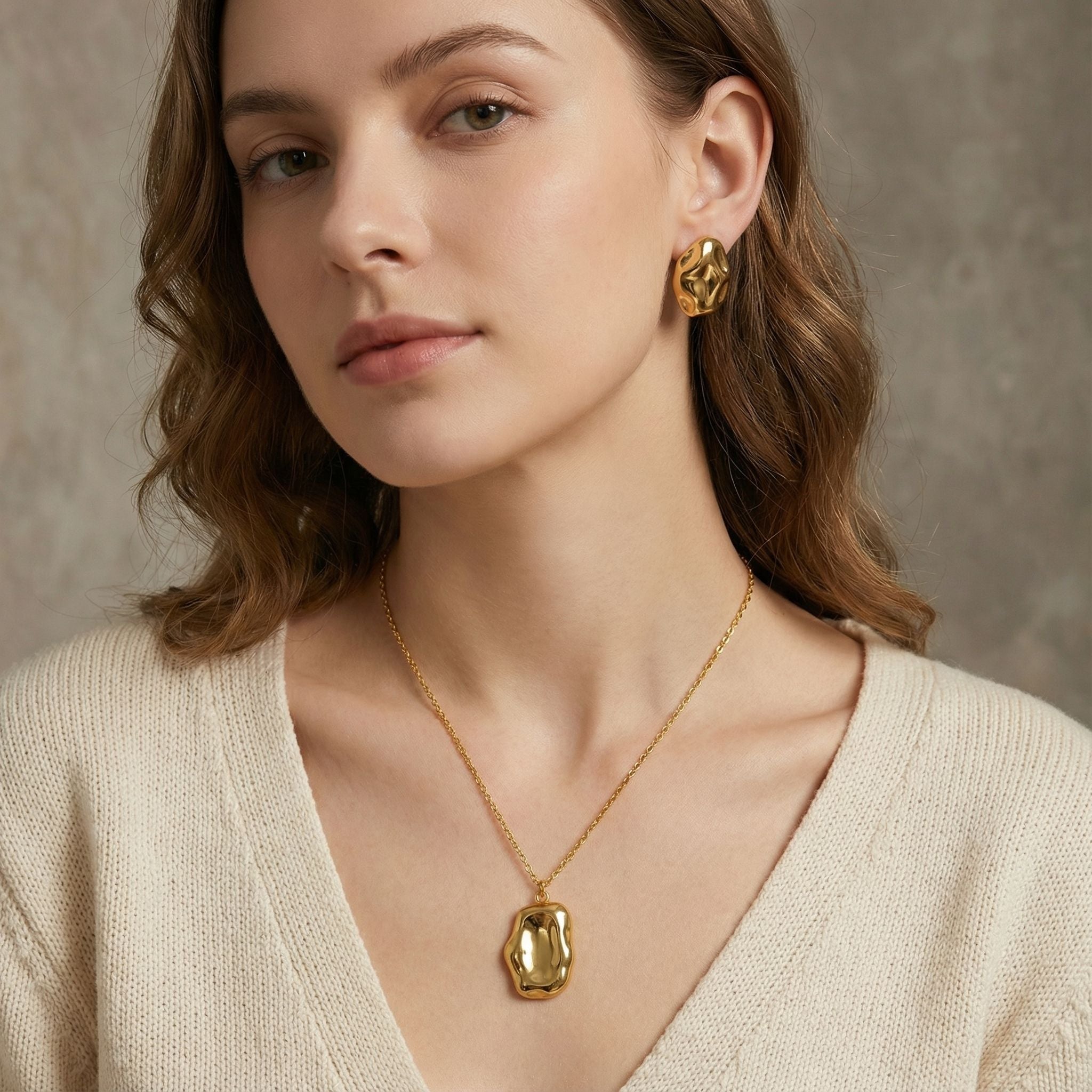 MYKI Organic Sculpted Oval Premium Plated Necklace & Stud Earrings (mkps42)