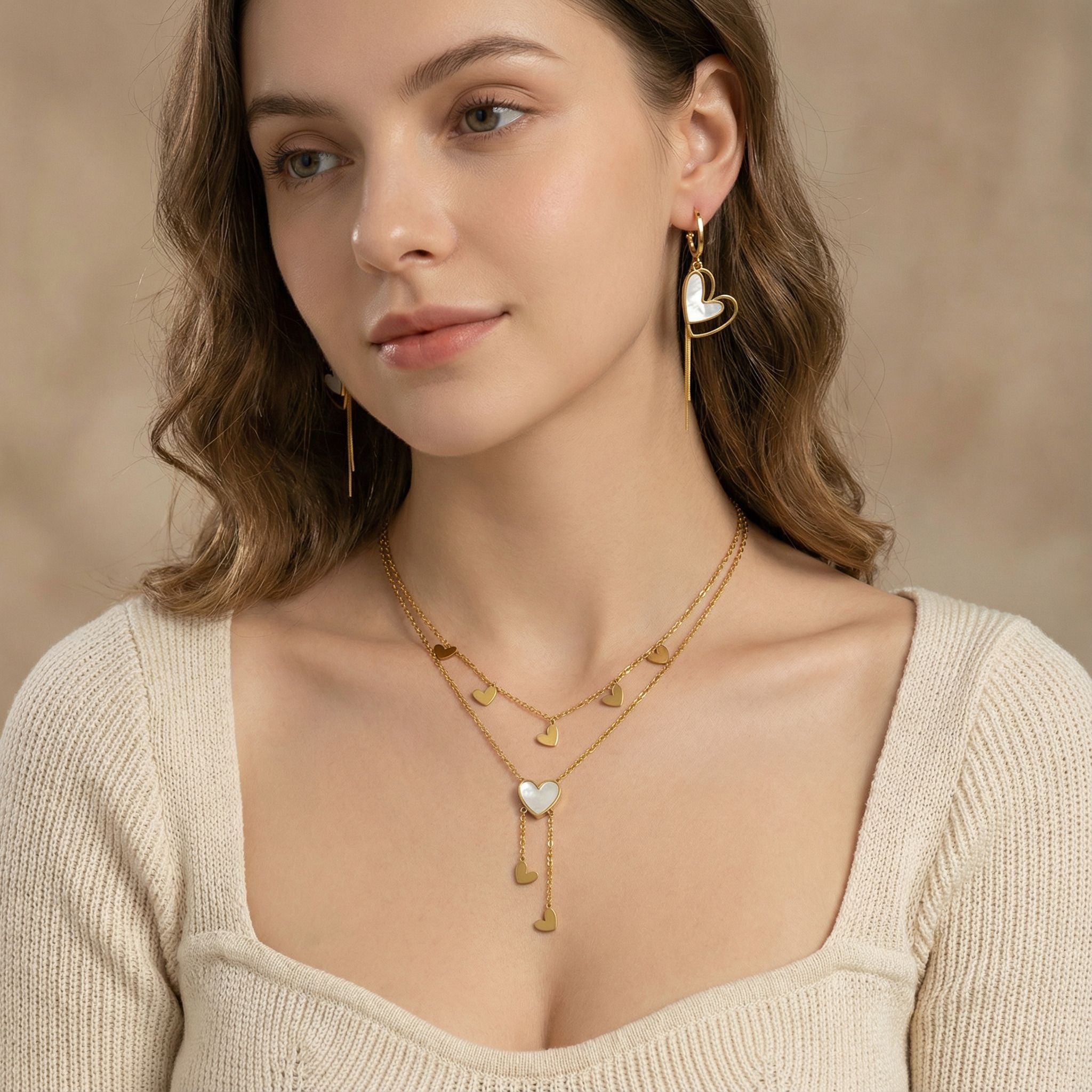 MYKI Layered Heart Motif Premium Plated Necklace & Drop Earrings (mkps43)