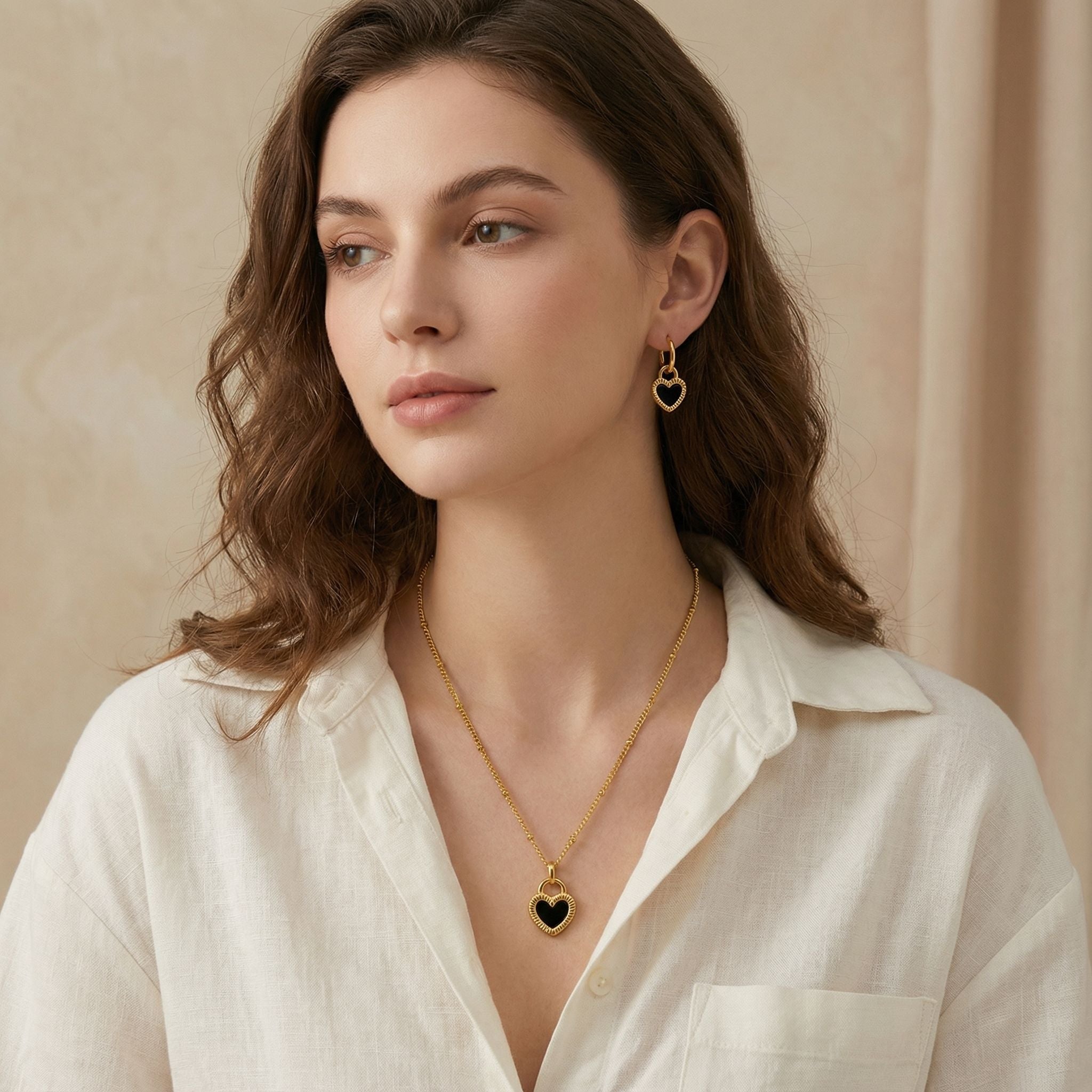 MYKI Black Enamel Heart Premium Plated Necklace & Hoop Earrings (mkps45)