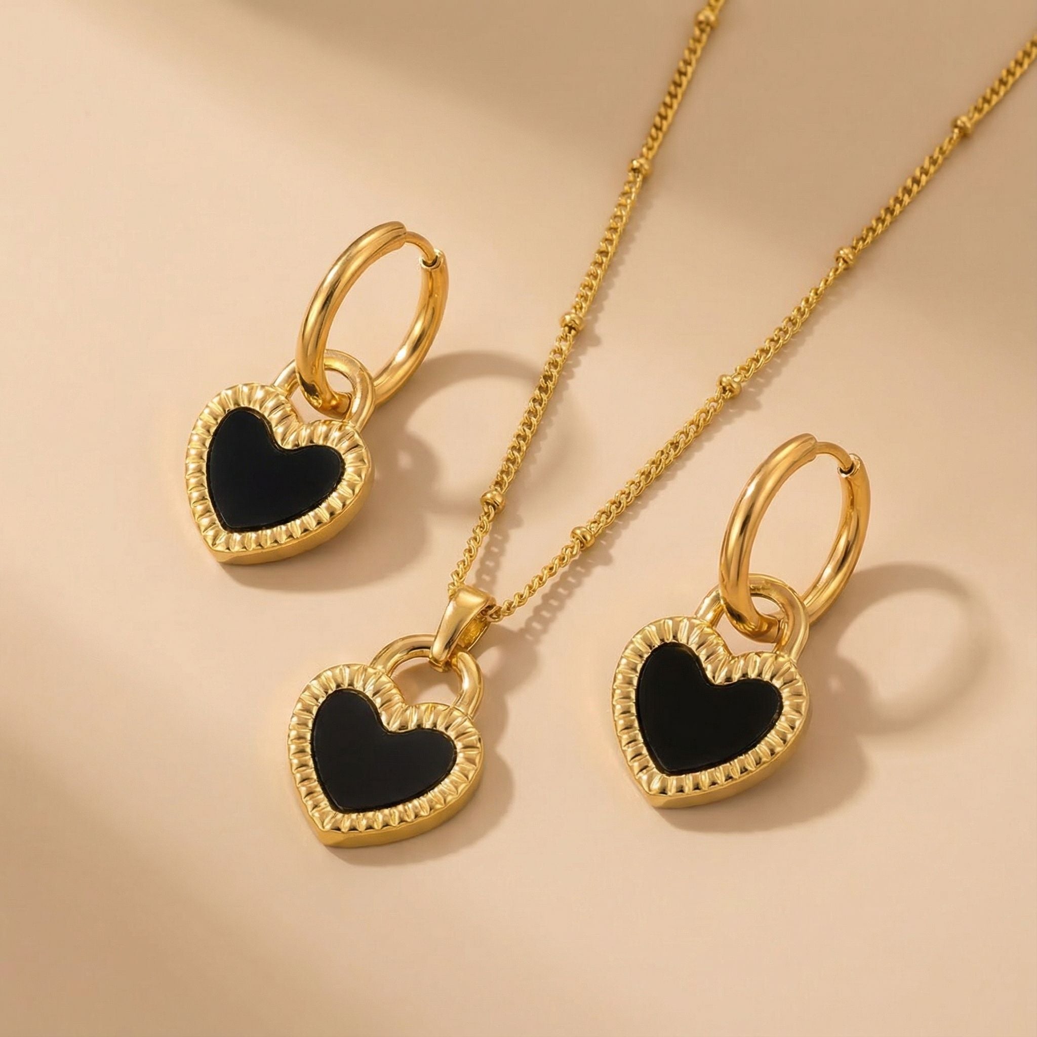 Black Enamel Heart Premium Plated Necklace & Hoop Earrings
