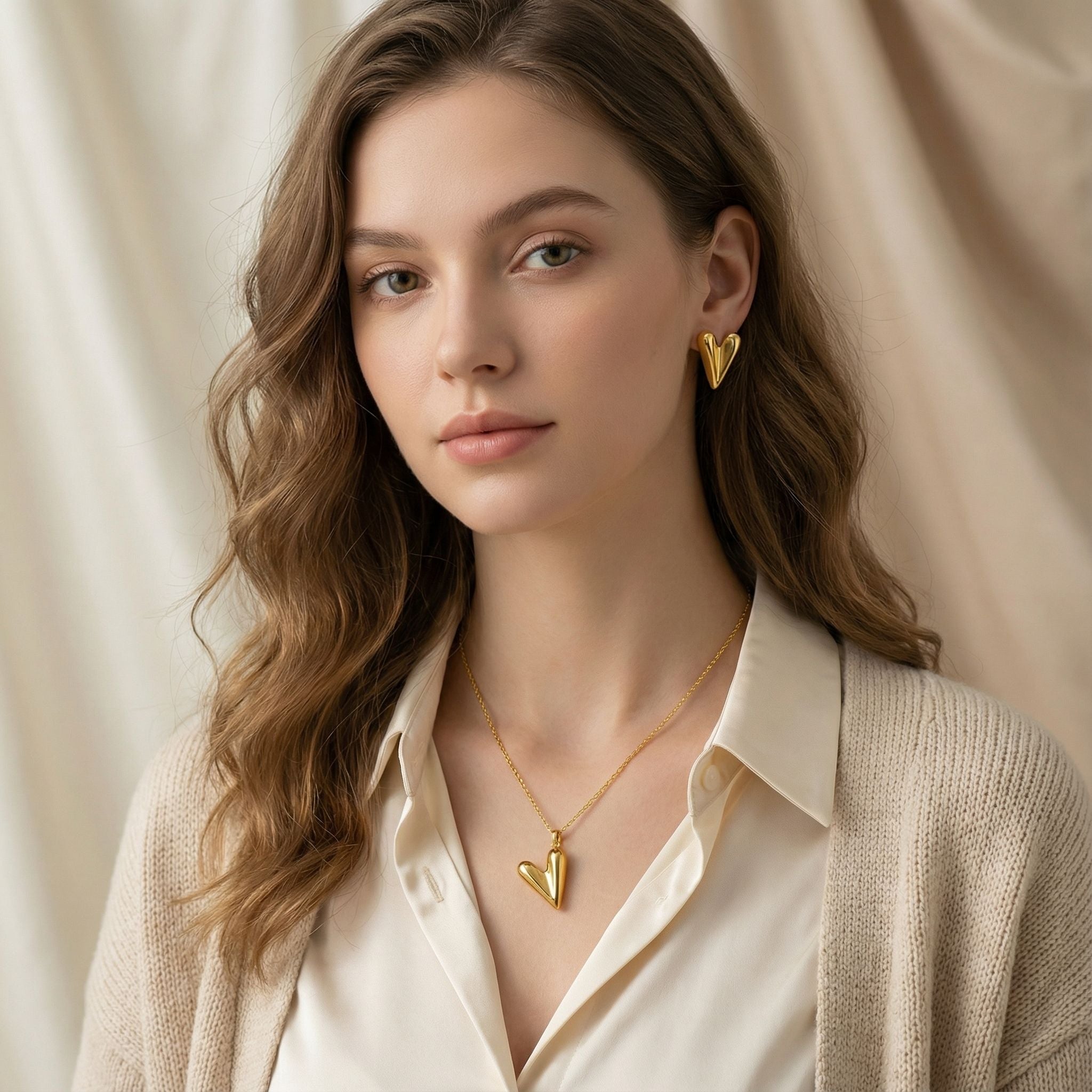 MYKI Minimal Heart Curve Premium Plated Necklace & Stud Earrings (mkps46)