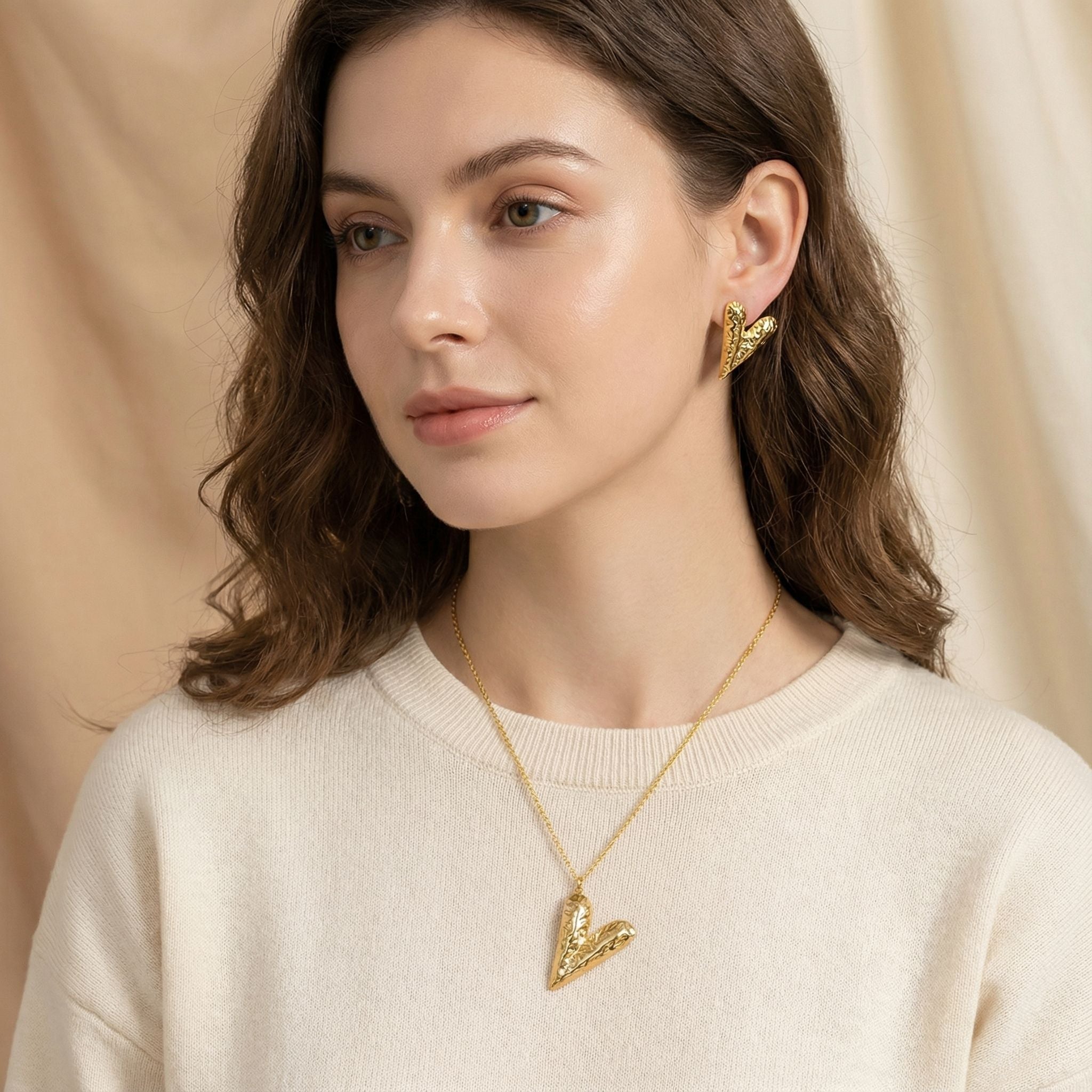 MYKI Textured Heart Abstract Premium Plated Necklace & Stud Earrings (mkps47)