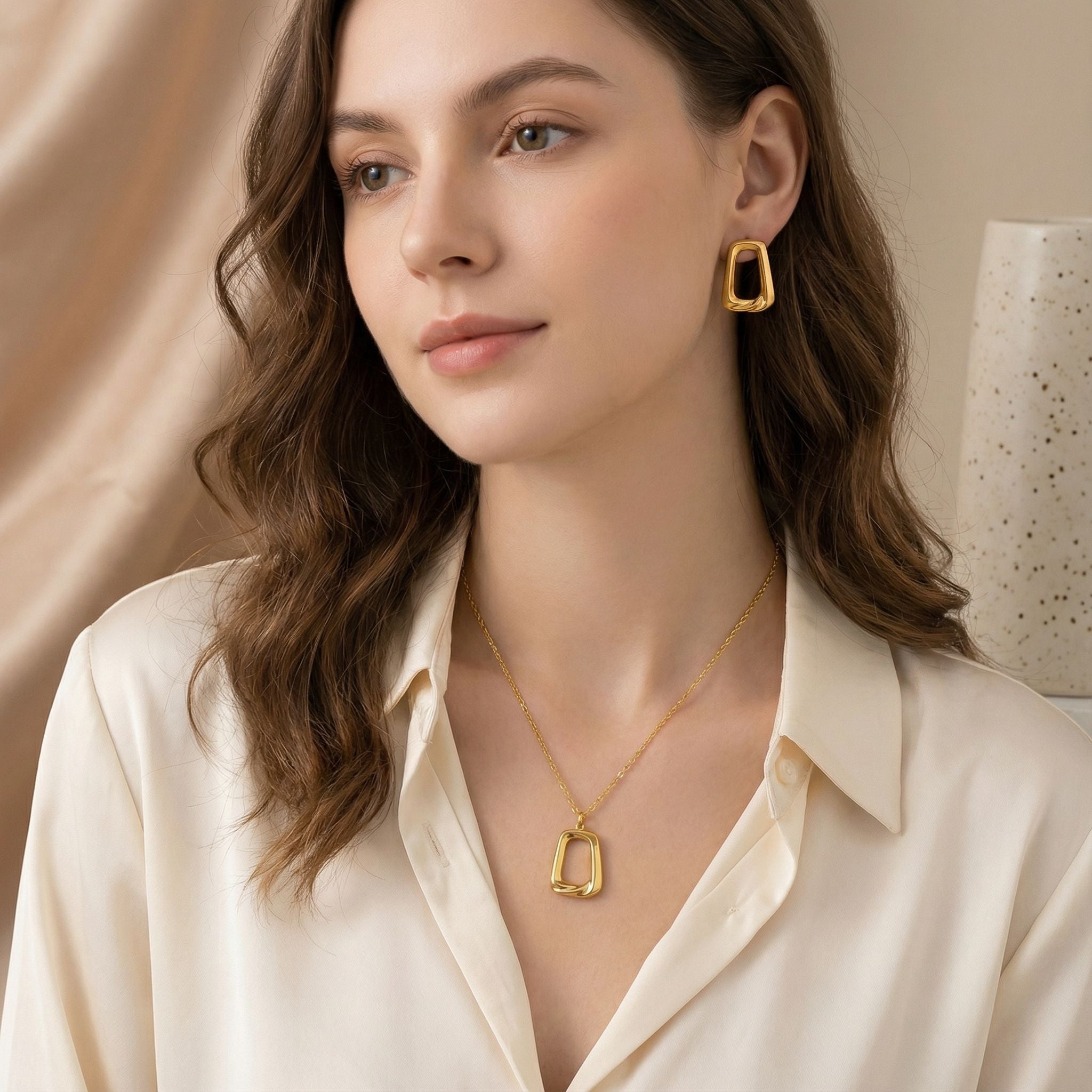 MYKI Geometric Rectangle Premium Plated Necklace & Stud Earrings (mkps48)