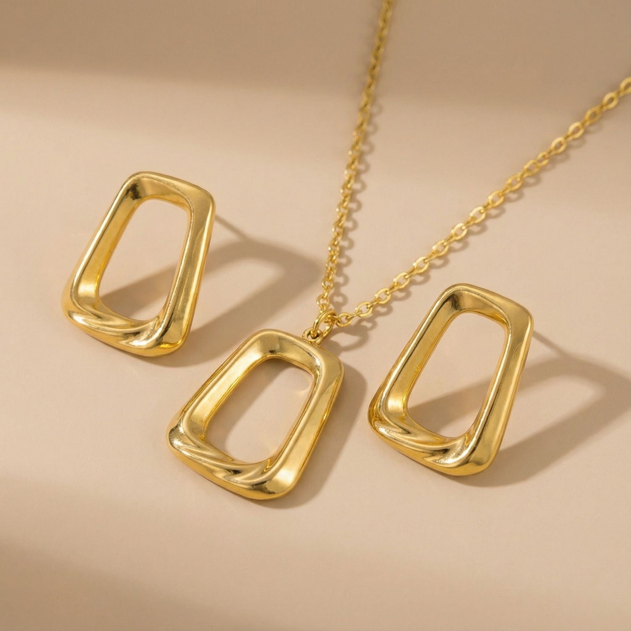 Geometric Rectangle Premium Plated Necklace & Stud Earrings