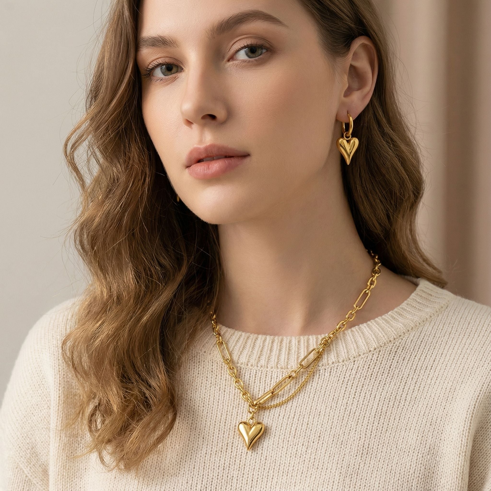 MYKI Layered Heart Chain Premium Plated Necklace & Hoop Earrings (mkps49)