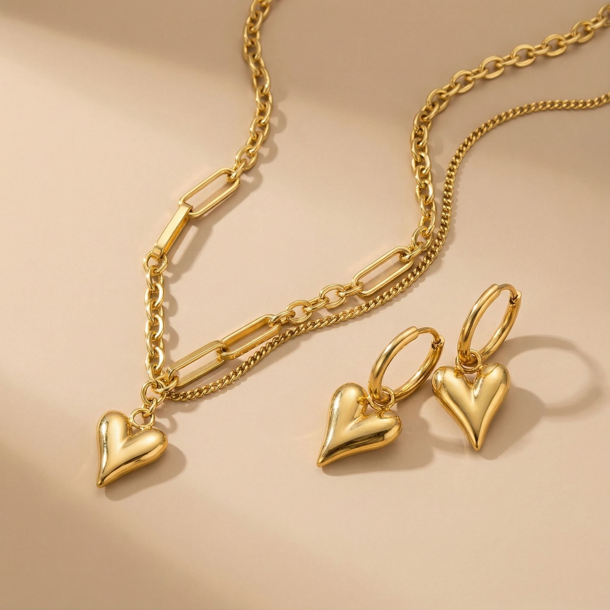Layered Heart Chain Premium Plated Necklace & Hoop Earrings