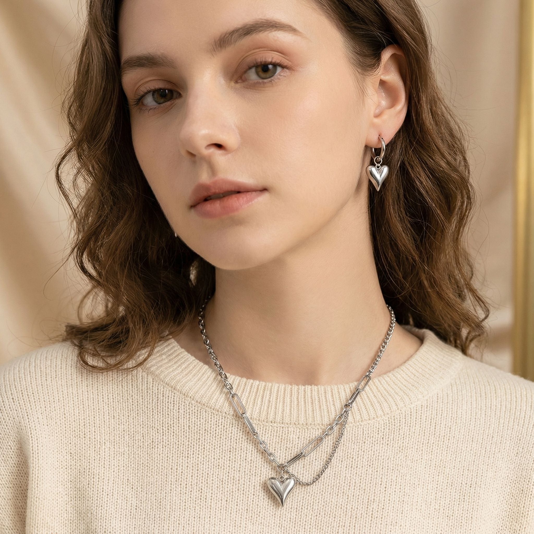 MYKI Silver Tone Heart Charm Premium Plated Necklace & Hoop Earrings (mkps50)